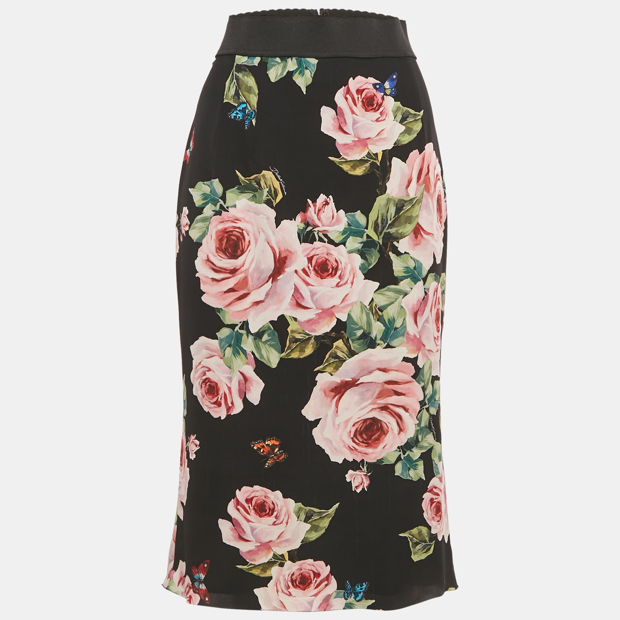 

Dolce & Gabbana Black Floral Print Silk Midi Skirt M