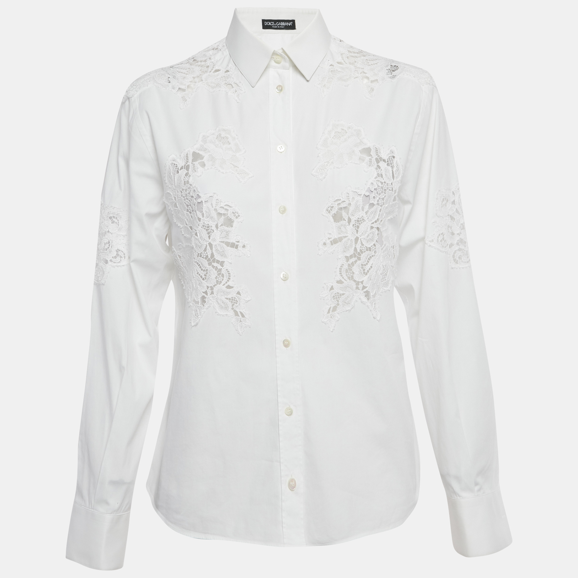 Pre-owned Dolce & Gabbana White Lace Trim Cotton Long Sleeve Shirt S