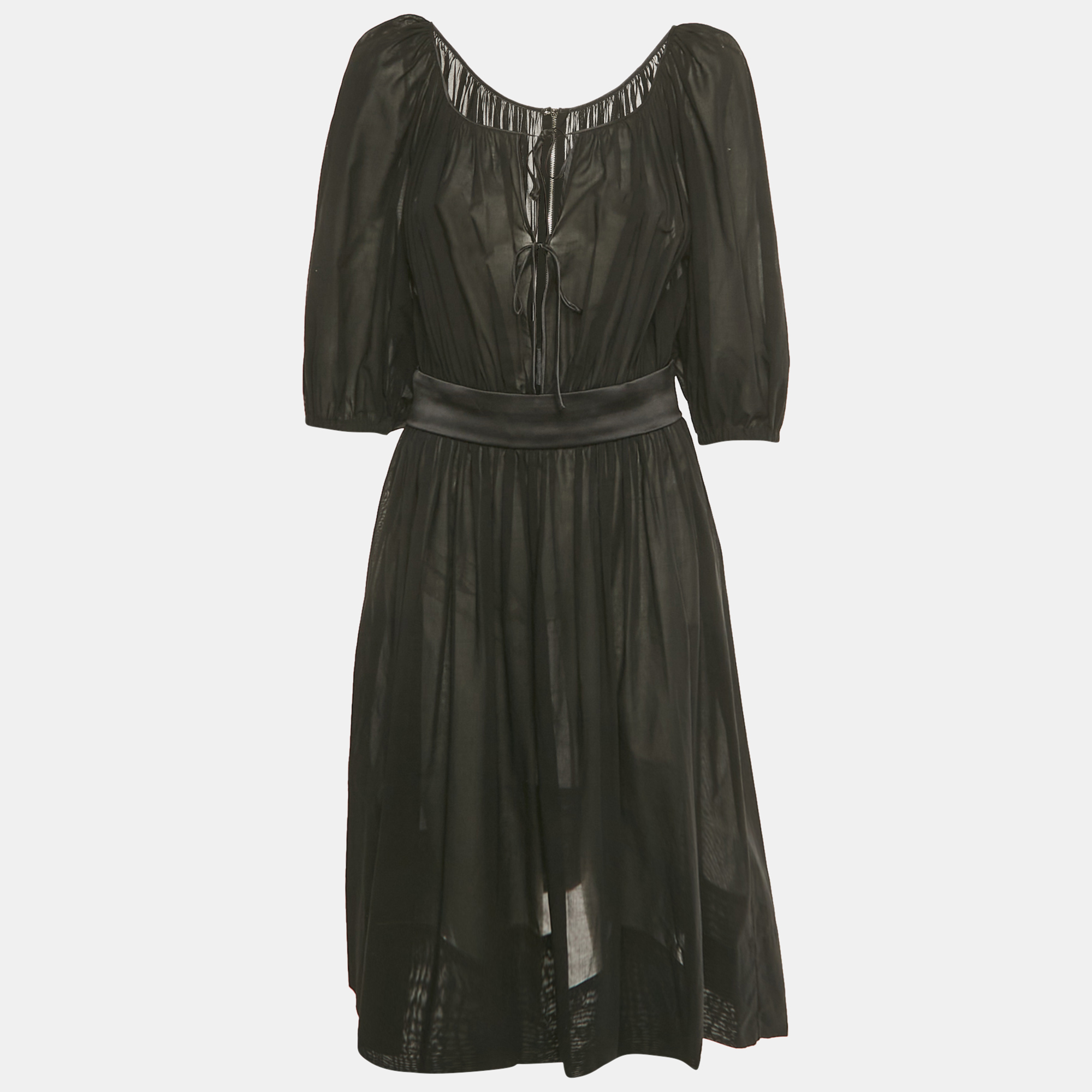 Pre-owned Dolce & Gabbana Black Cotton Belt Detail Flared Midi Dress M
