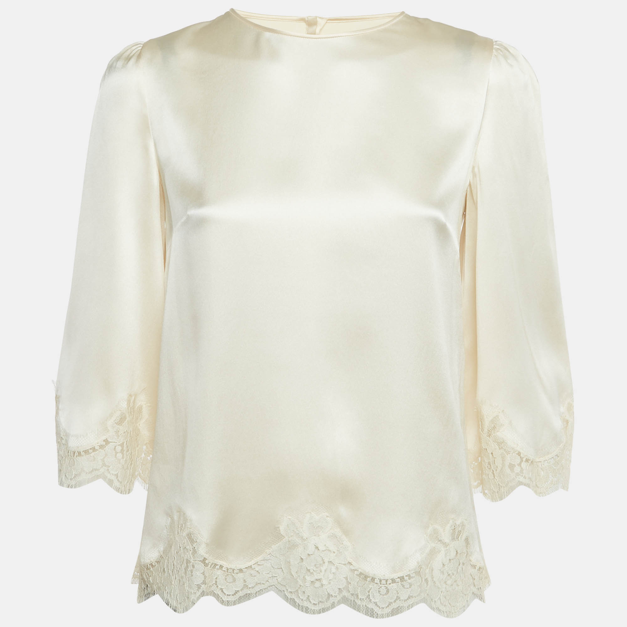 Pre-owned Dolce & Gabbana Cream Lace Trim Satin Blouse S In White