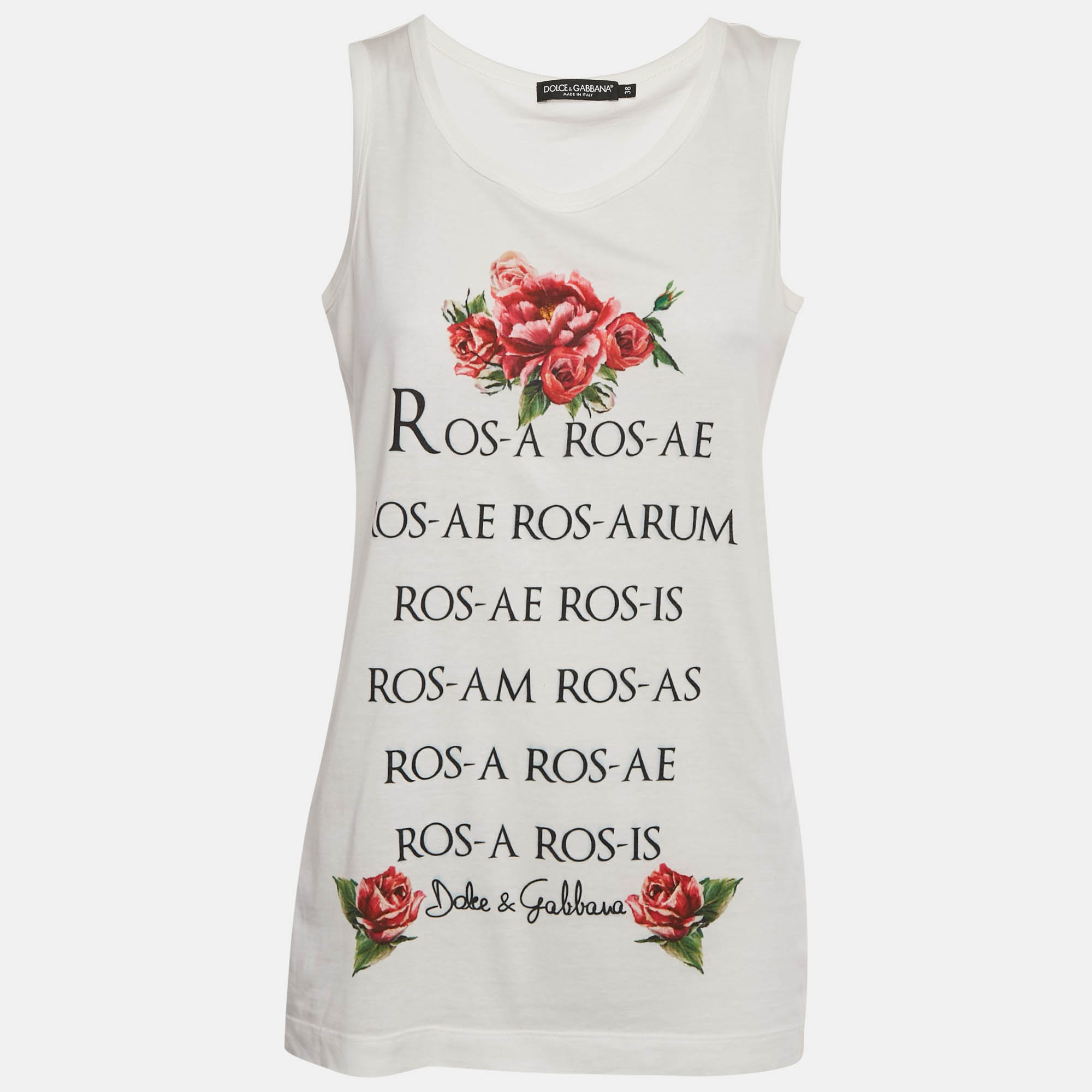 

Dolce & Gabbana White Rose Print Jersey Tank Top S