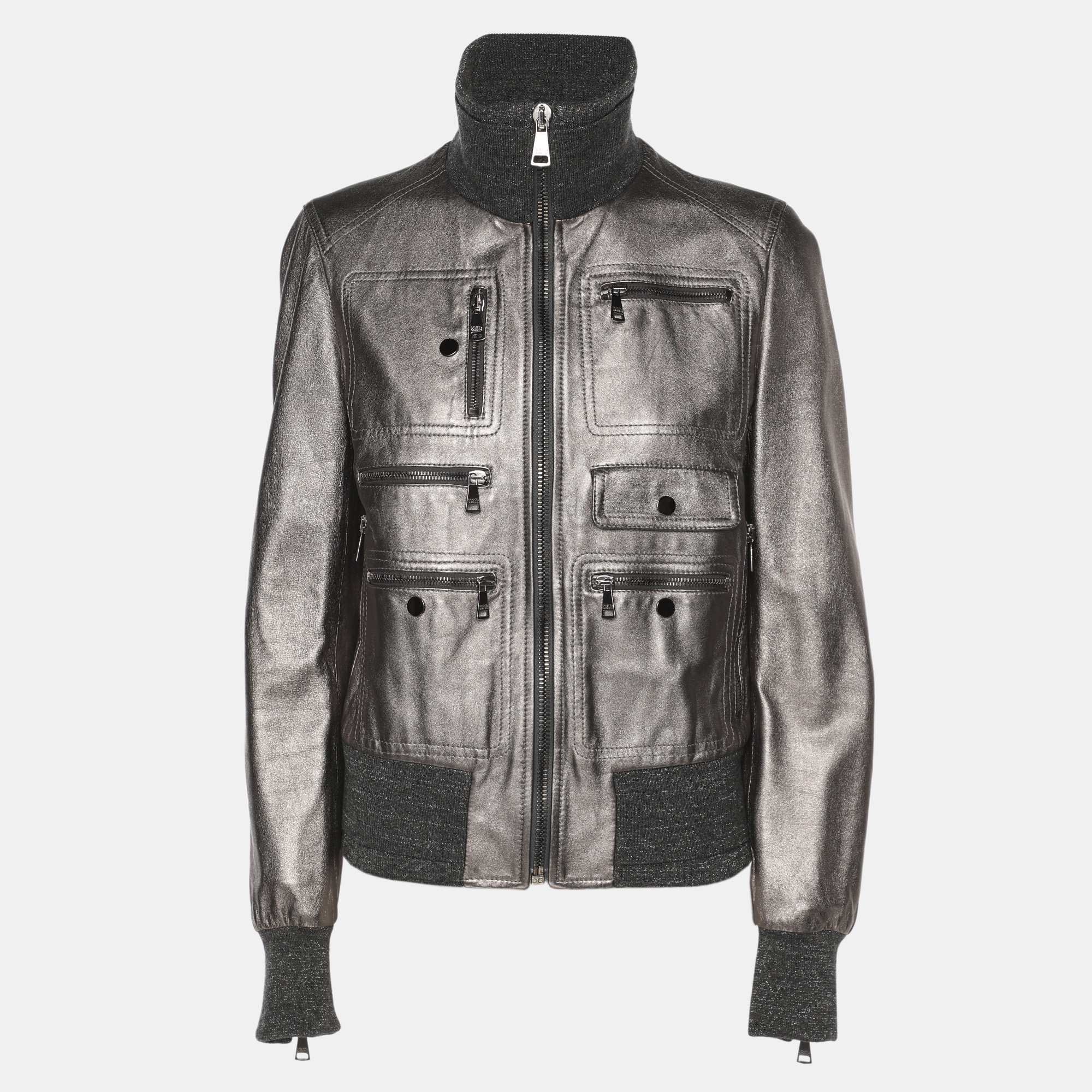 Pre-owned Dolce & Gabbana Metallic Leather And Wool Zip Jacket S In Silver