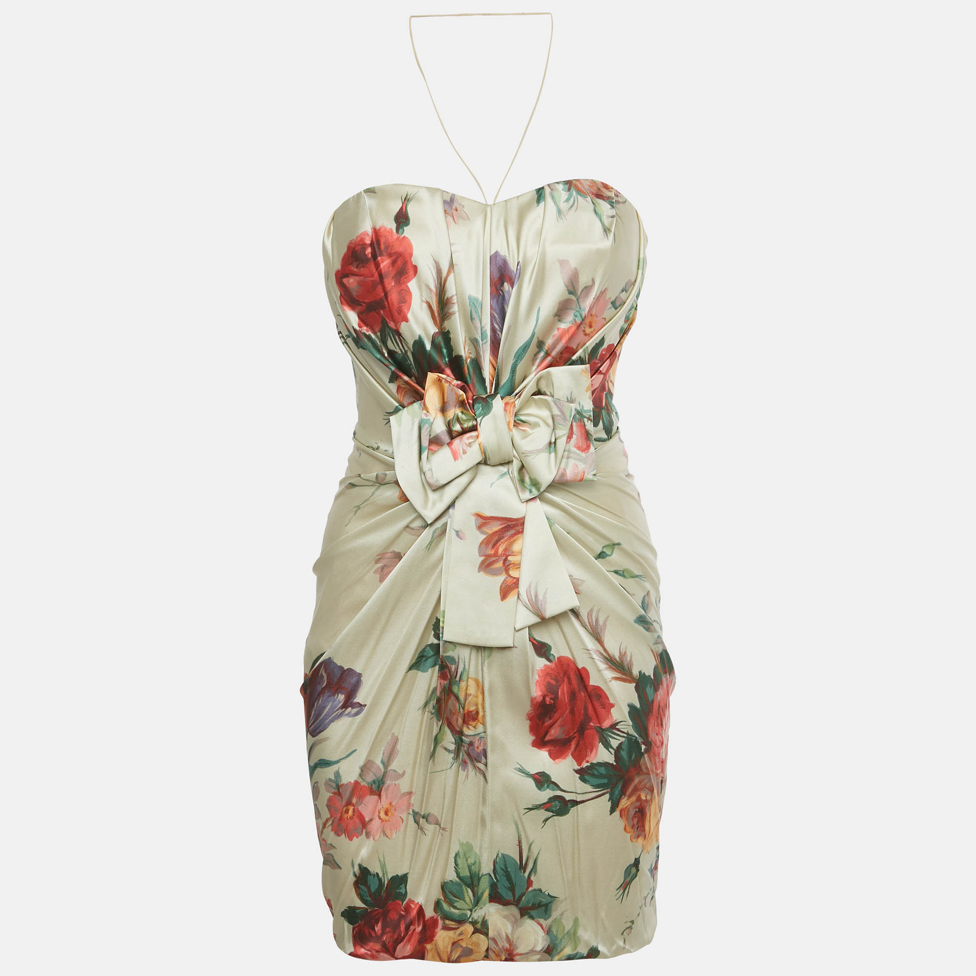 Pre-owned Dolce & Gabbana Beige Floral Print Silk Bow Detail Strapless Mini Dress S In Sand