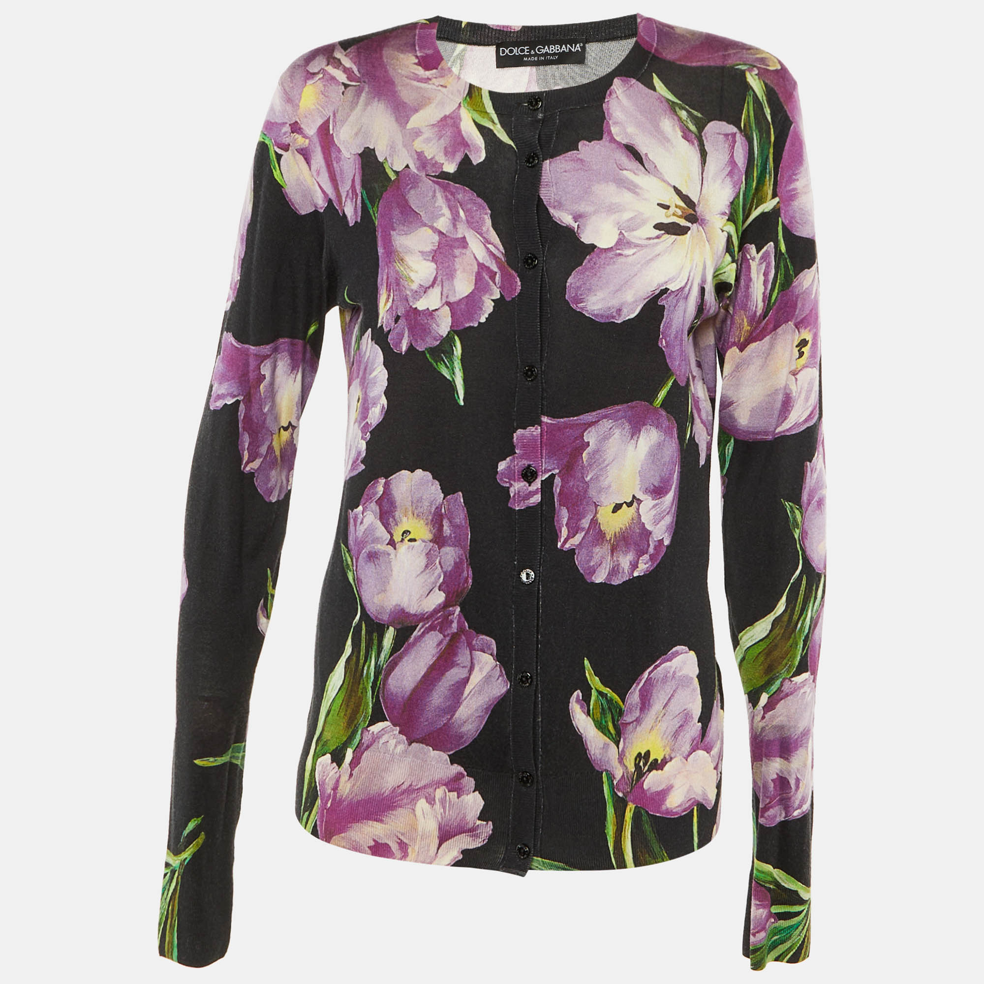 Pre-owned Dolce & Gabbana Black Floral Print Cashmere & Silk Cardigan L