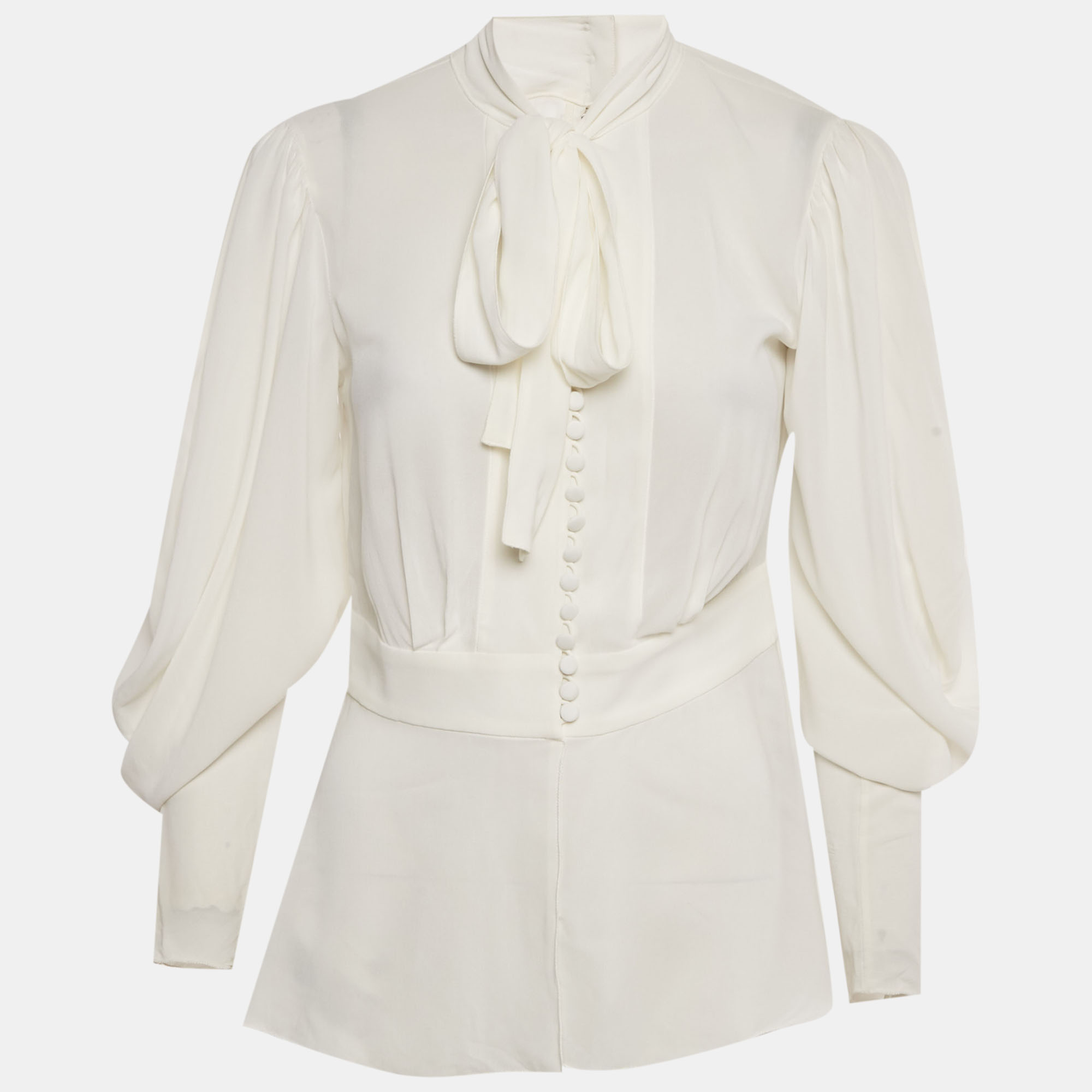 Pre-owned Dolce & Gabbana White Crepe Tie-up Neck Blouse M