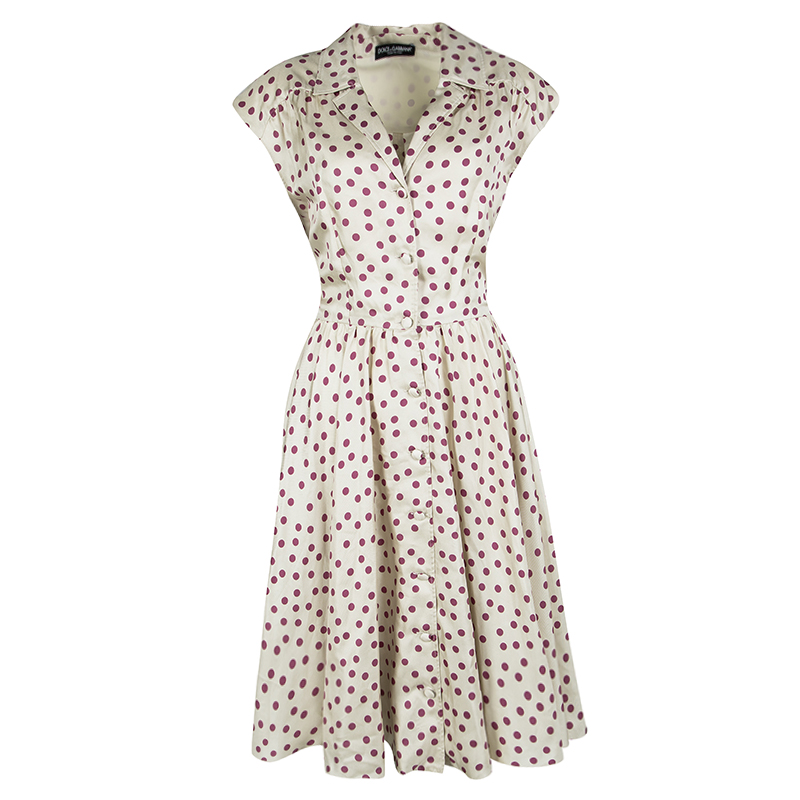 مملوكة مسبقًا Dolce and Gabbana Beige Polka Dotted Silk Button Front Dress L