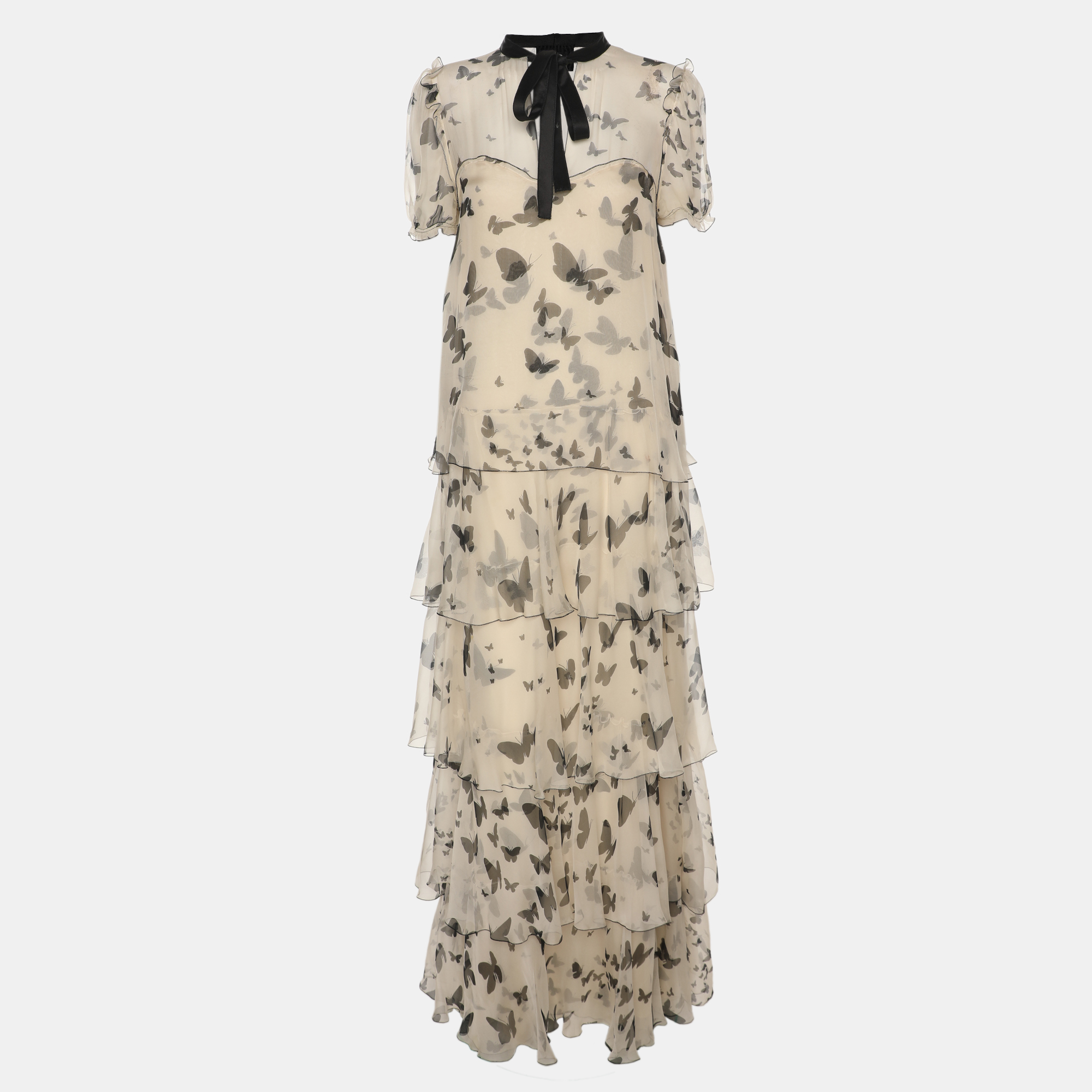 

Dolce & Gabbana Beige Butterfly Print Chiffon Ruffled Layered Maxi Dress S