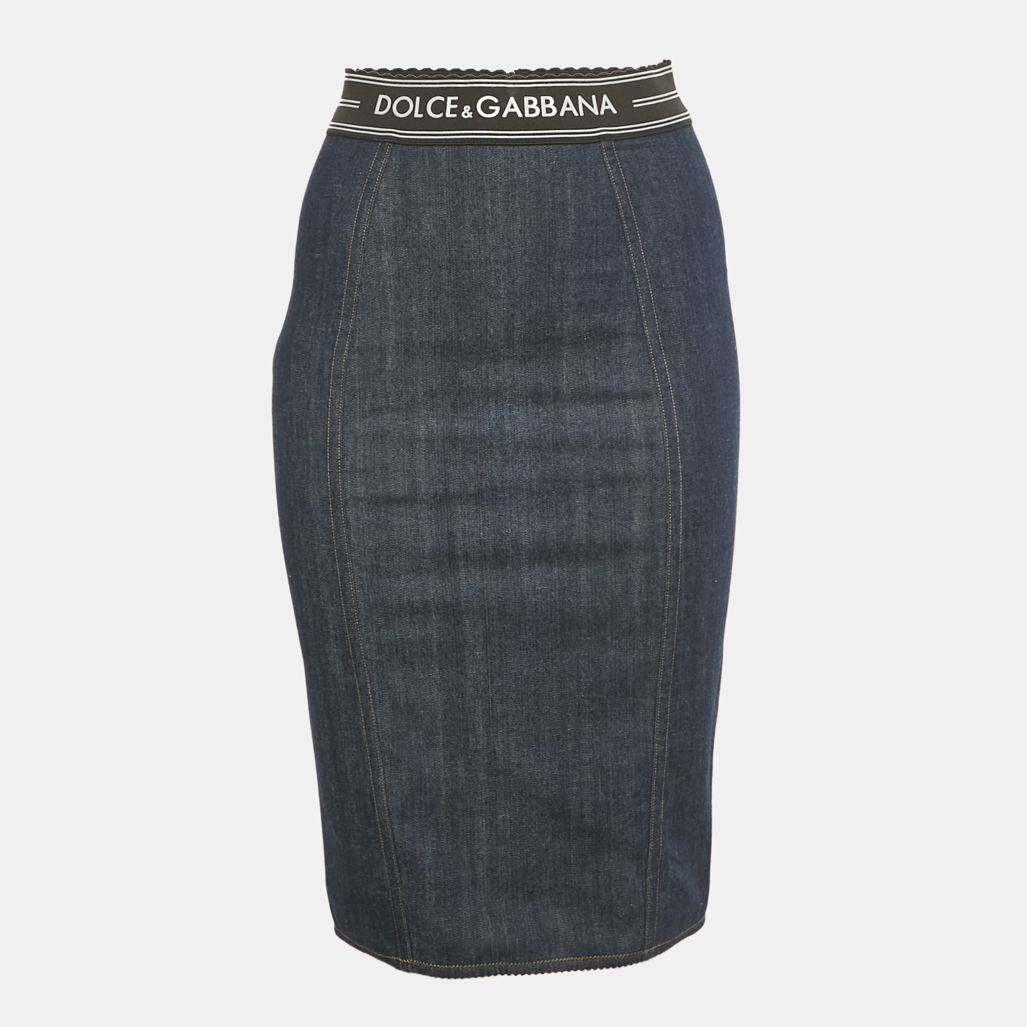 Pre-owned Dolce & Gabbana Blue Denim /mesh Pencil Skirt S