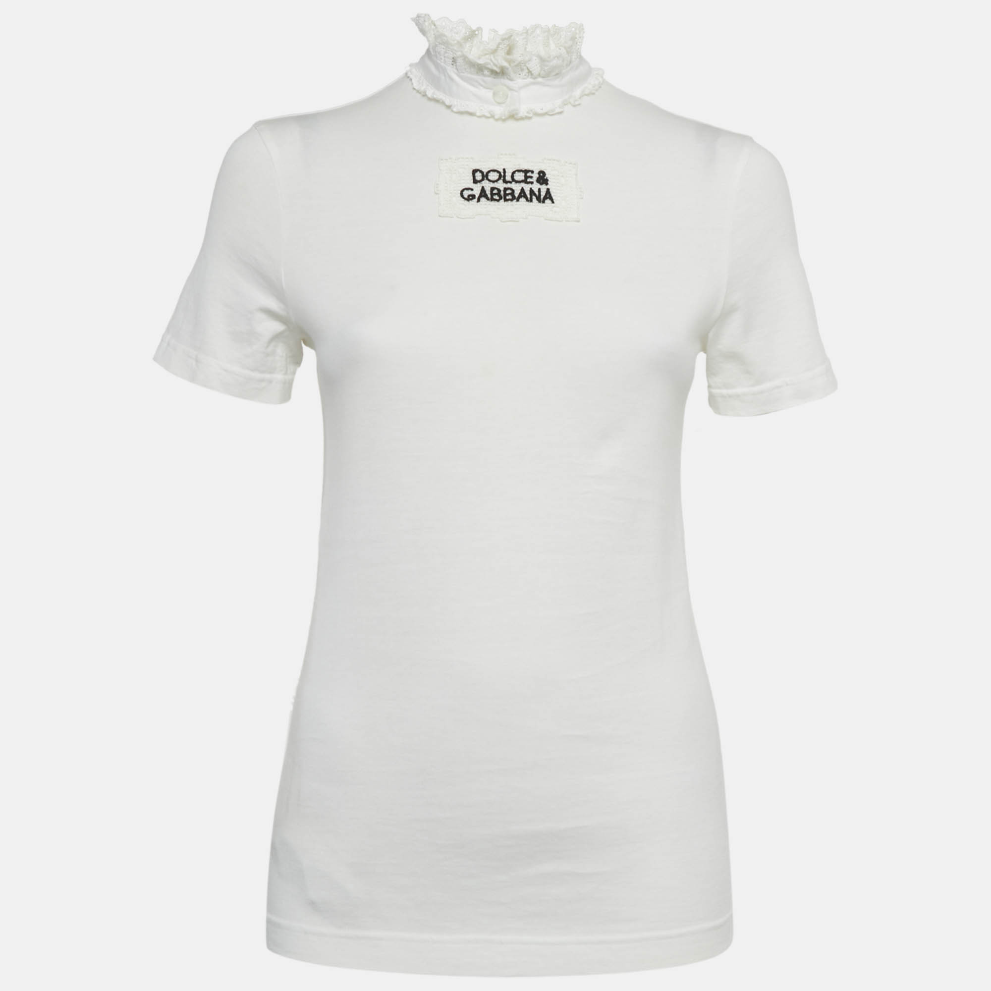

Dolce & Gabbana White Logo Embroidered Cotton Lace Detail T-Shirt S