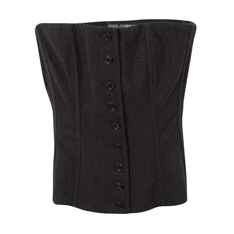 Pre Owned كورسيه دولتشي أند غابانا صوف كاروهات رصاصي داكن بأزرار أمامية S