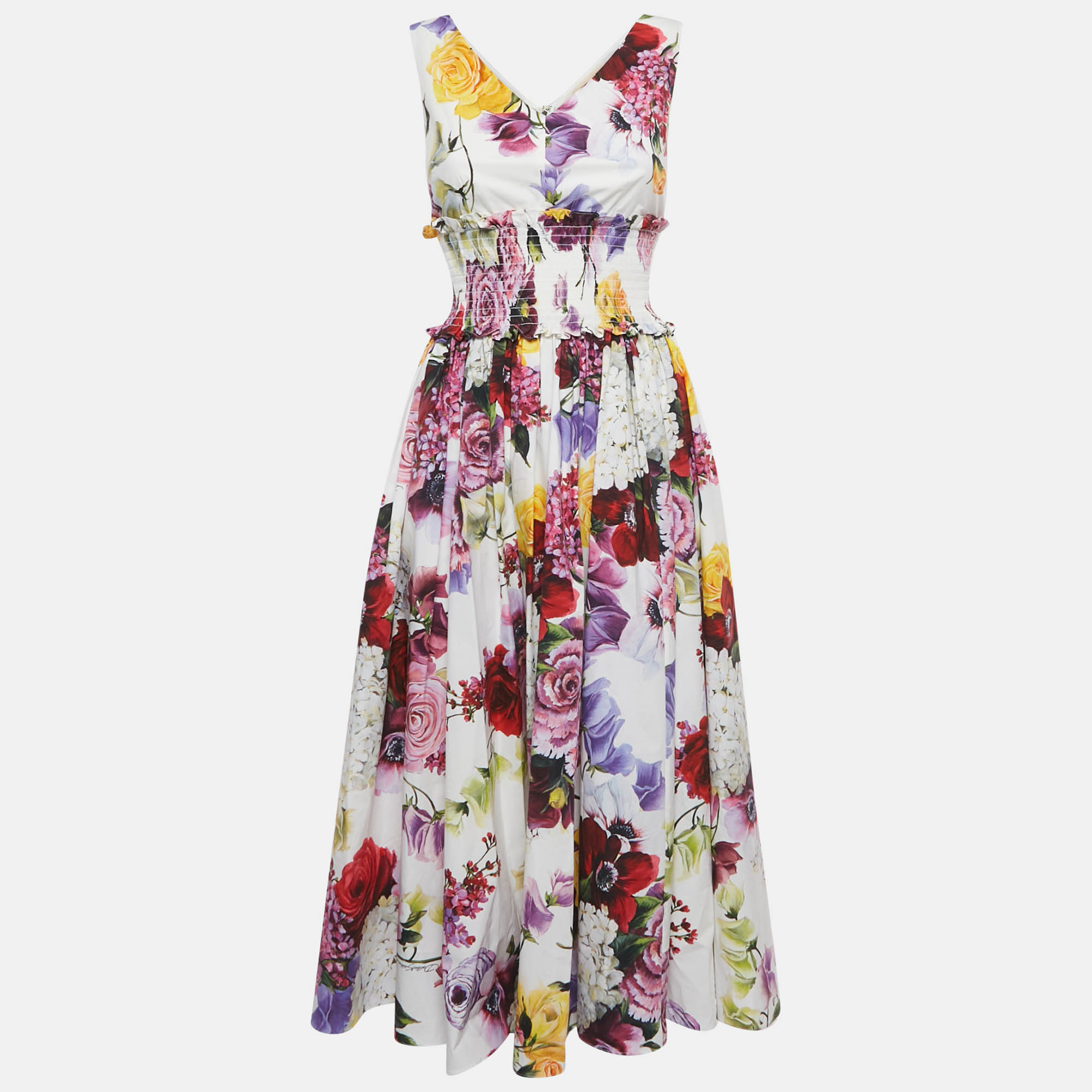

Dolce & Gabbana White Floral Print Poplin Shirring Midi Dress S, Multicolor