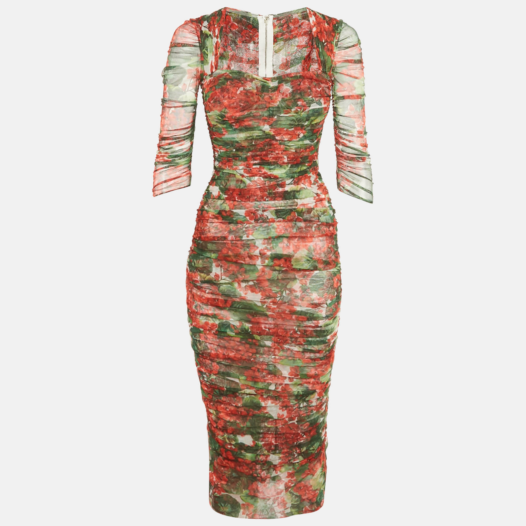 

Dolce & Gabbana Red /Green Floral Print Mesh Ruched Midi Dress XS
