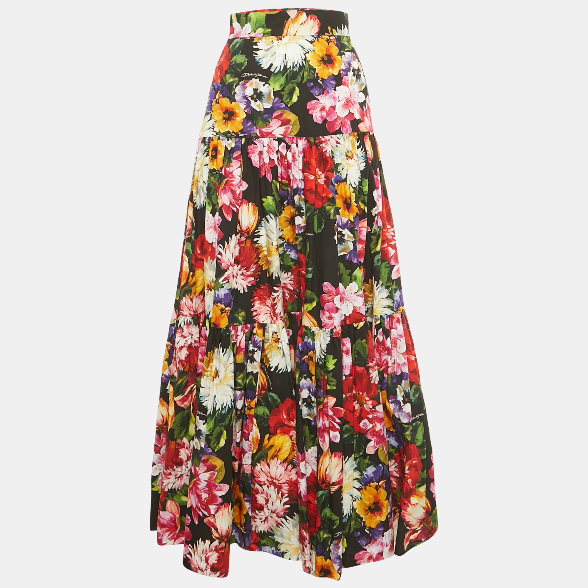 Click to view more detailed imagery on our partner's website Pre-owned Dolce & Gabbana Multicolor Floral Print Poplin Tiered Maxi Skirt Xs