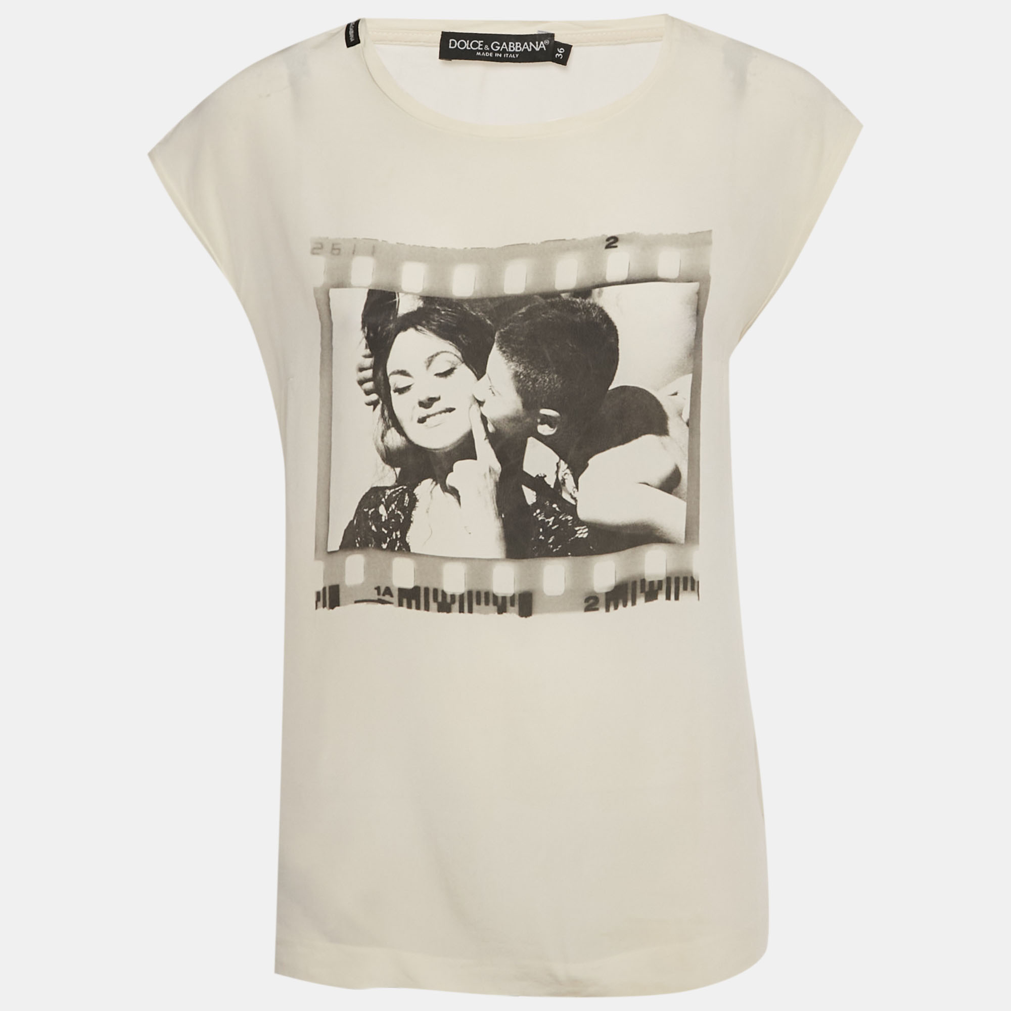 Pre-owned Dolce & Gabbana Cream Printed Silk Sleeveless Top Xs In White