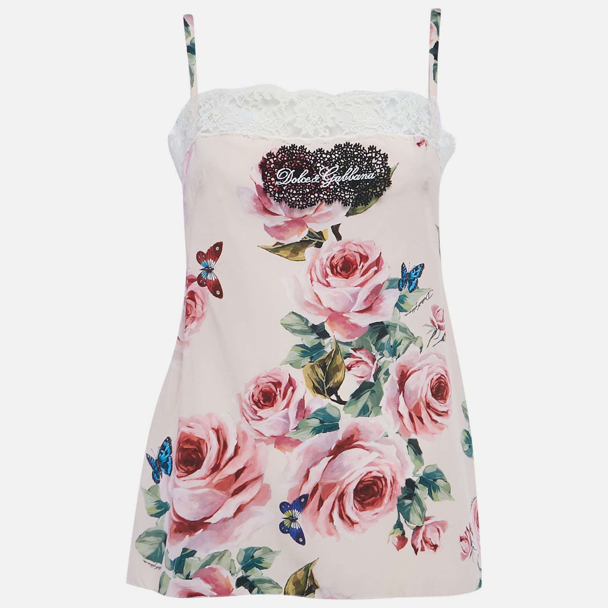Click to view more detailed imagery on our partner's website Pre-owned Dolce & Gabbana Pink Rose Print Silk And Lace Trim Cami Top M