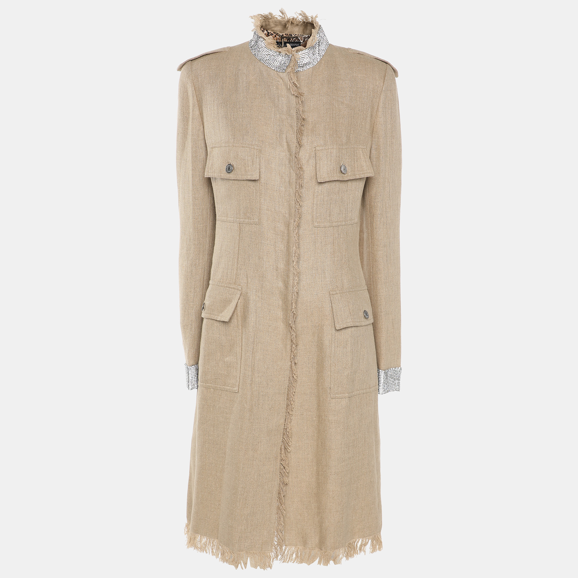 Pre-owned Dolce & Gabbana Beige Linen And Crystal Embellished Coat M In Sand