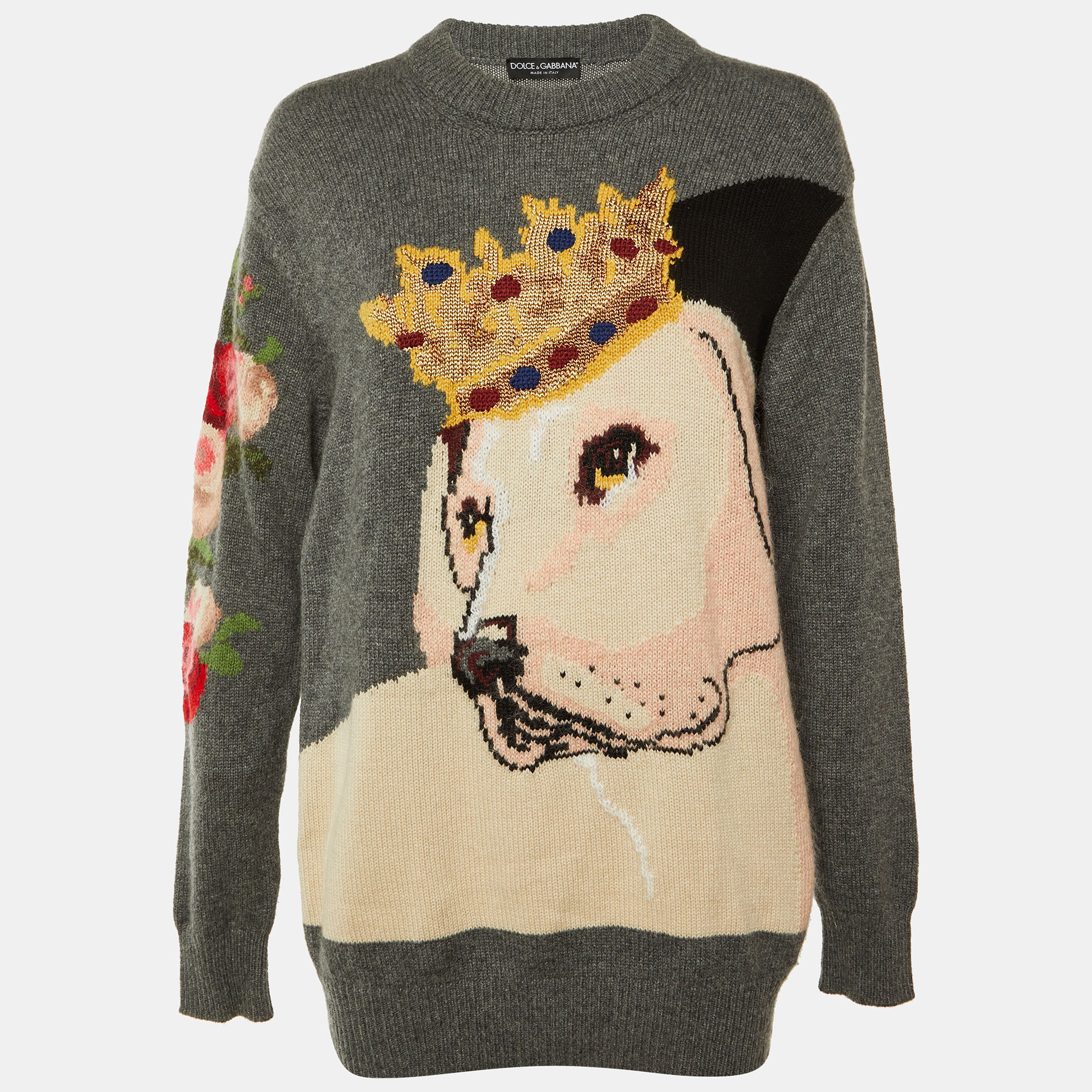 Pre-owned Dolce & Gabbana Grey Royalty Dog Intarsia Cashmere Knit Sweater S In Gray