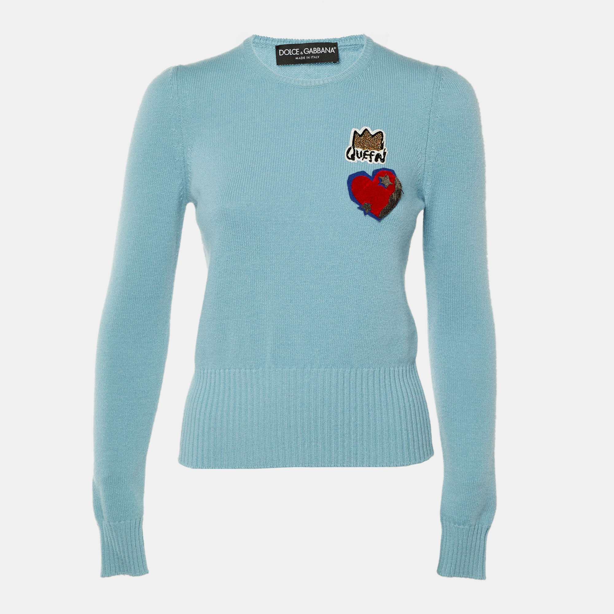 Pre-owned Dolce & Gabbana Blue Wool Heart Patch Detail Sweater S