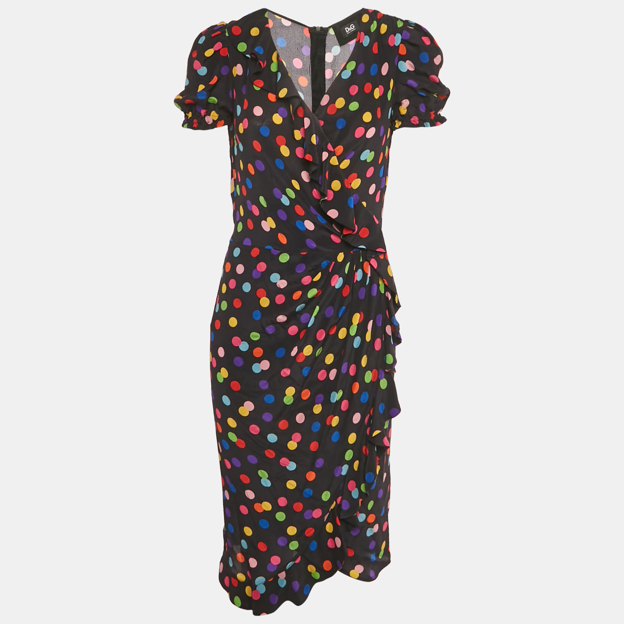 

Dolce & Gabbana Black Polka Dot Printed Silk Ruffled Faux Wrap Dress M