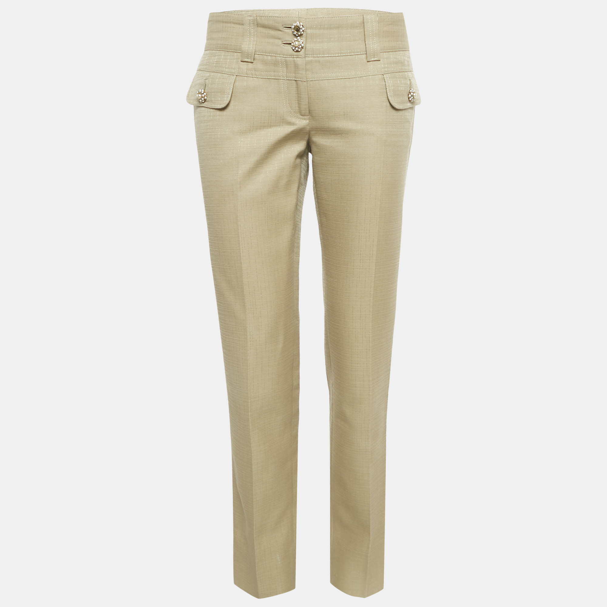 Pre-owned Dolce & Gabbana Beige Cotton Blend Bejeweled Slim Fit Trousers M In Sand