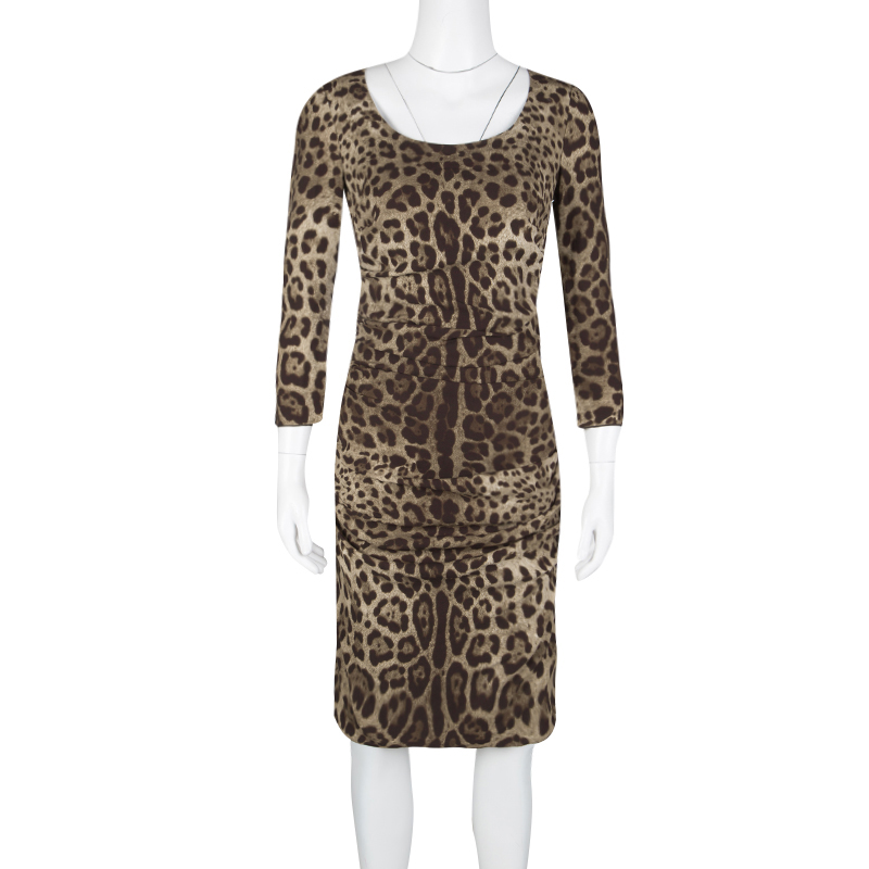 

Dolce and Gabbana Animal Print Ruched Silk Long Sleeve Dress, Brown