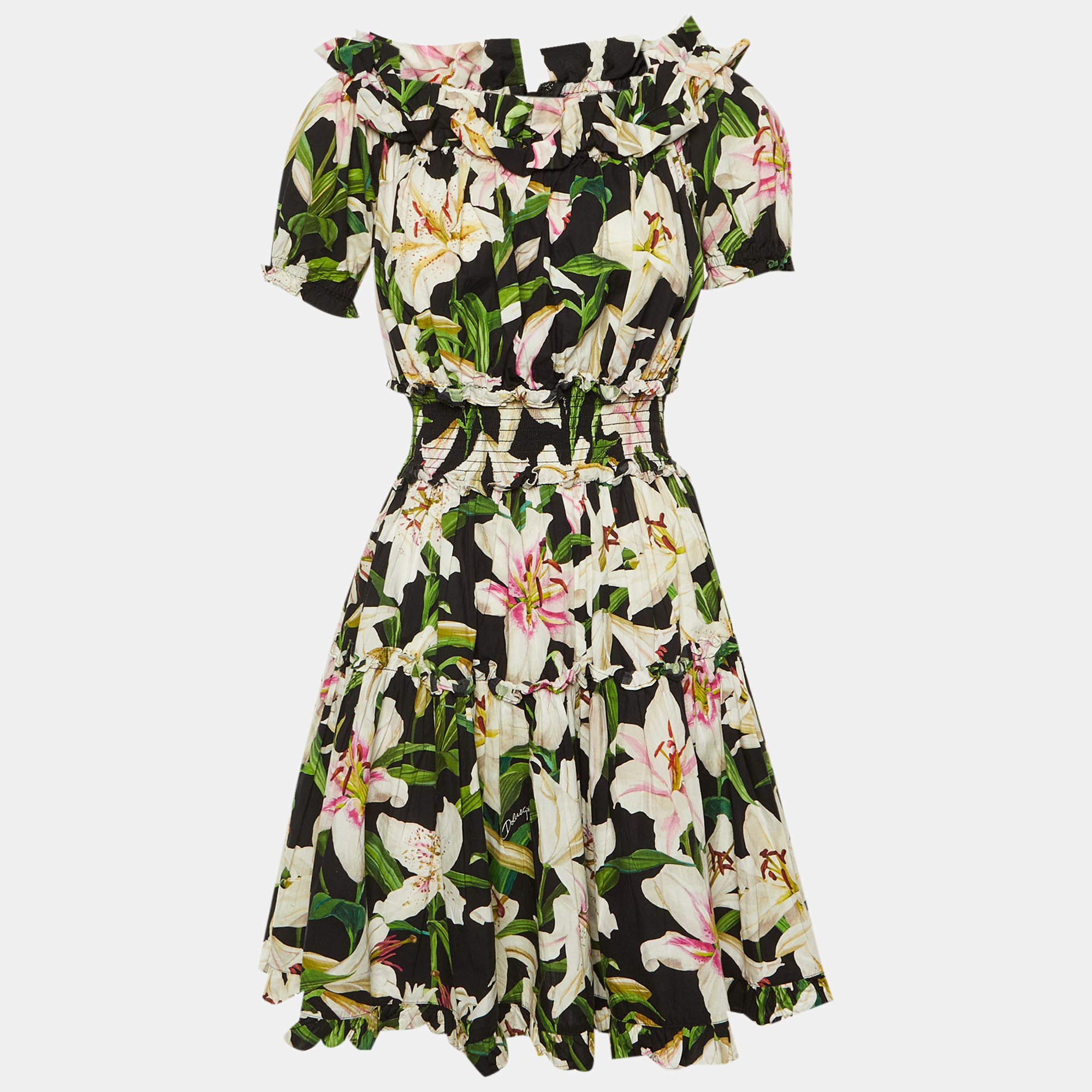 

Dolce & Gabbana Black Floral Print Cotton Off -Shoulder Dress M