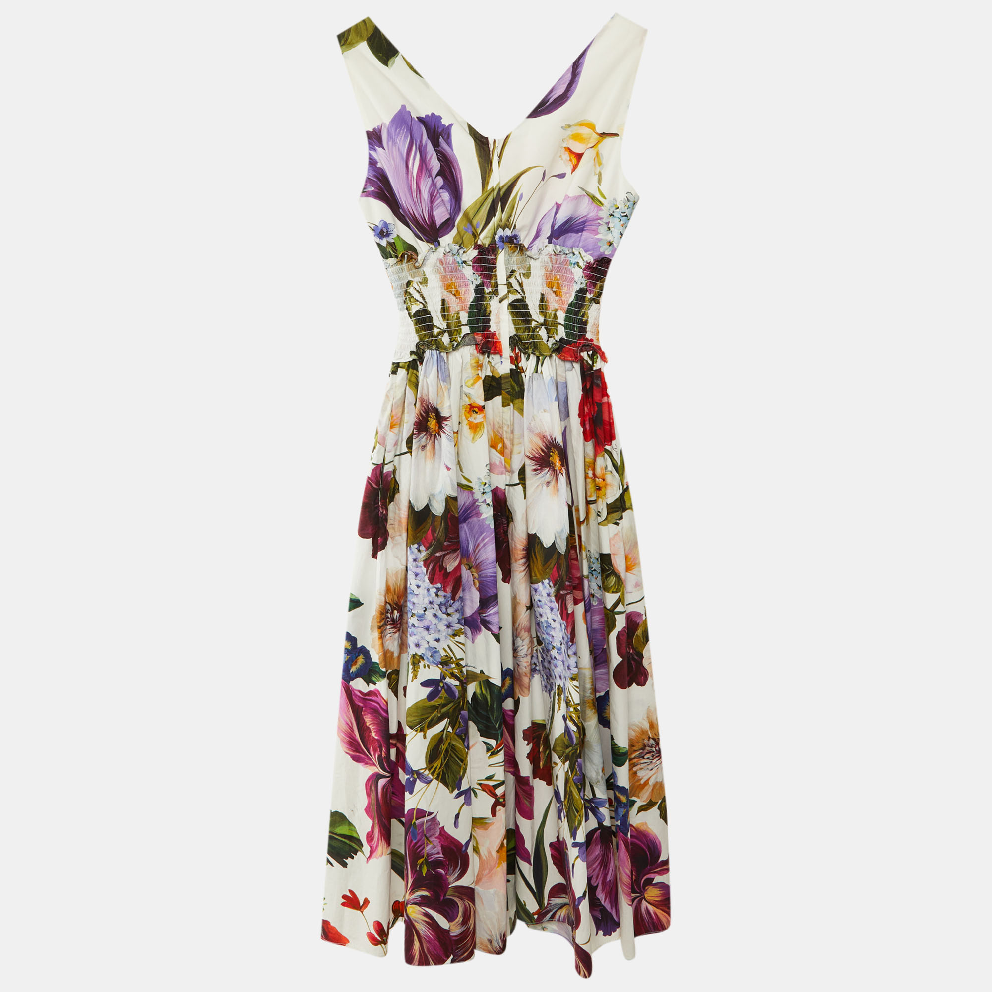 

Dolce & Gabbana White Floral Print Cotton Midi Dress XS