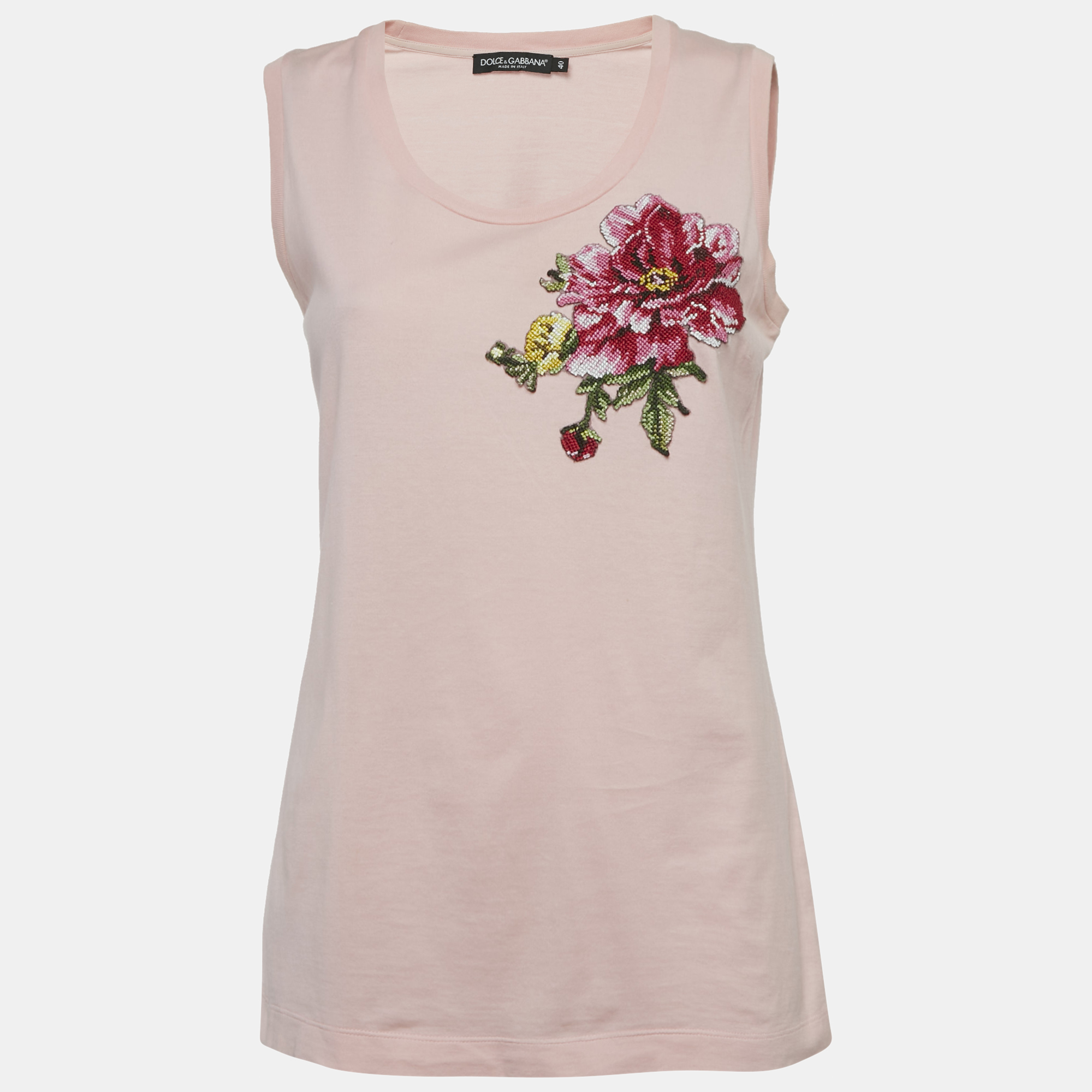 

Dolce & Gabbana Pink Floral Embroidered Jersey Tank Top S