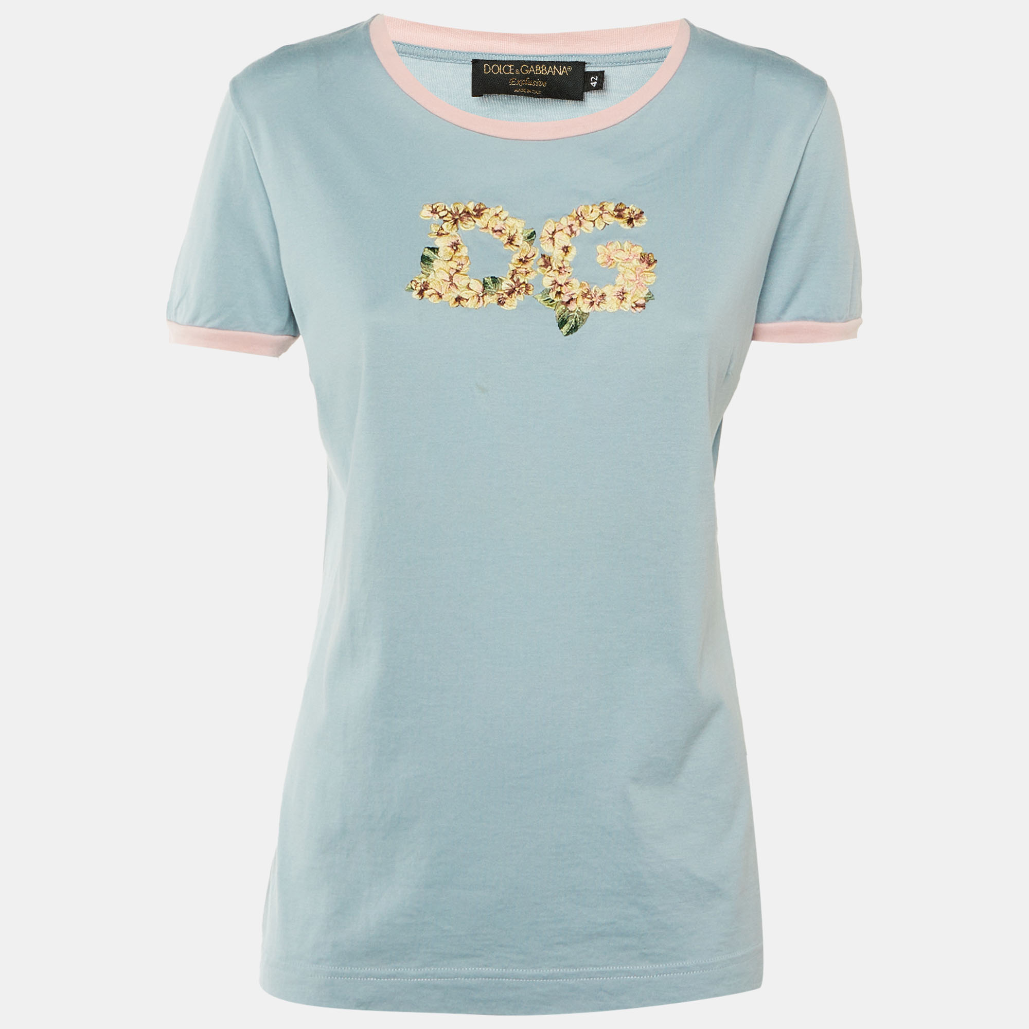 

Dolce & Gabbana Blue /Pink Floral Logo Embroidered Cotton T-Shirt M