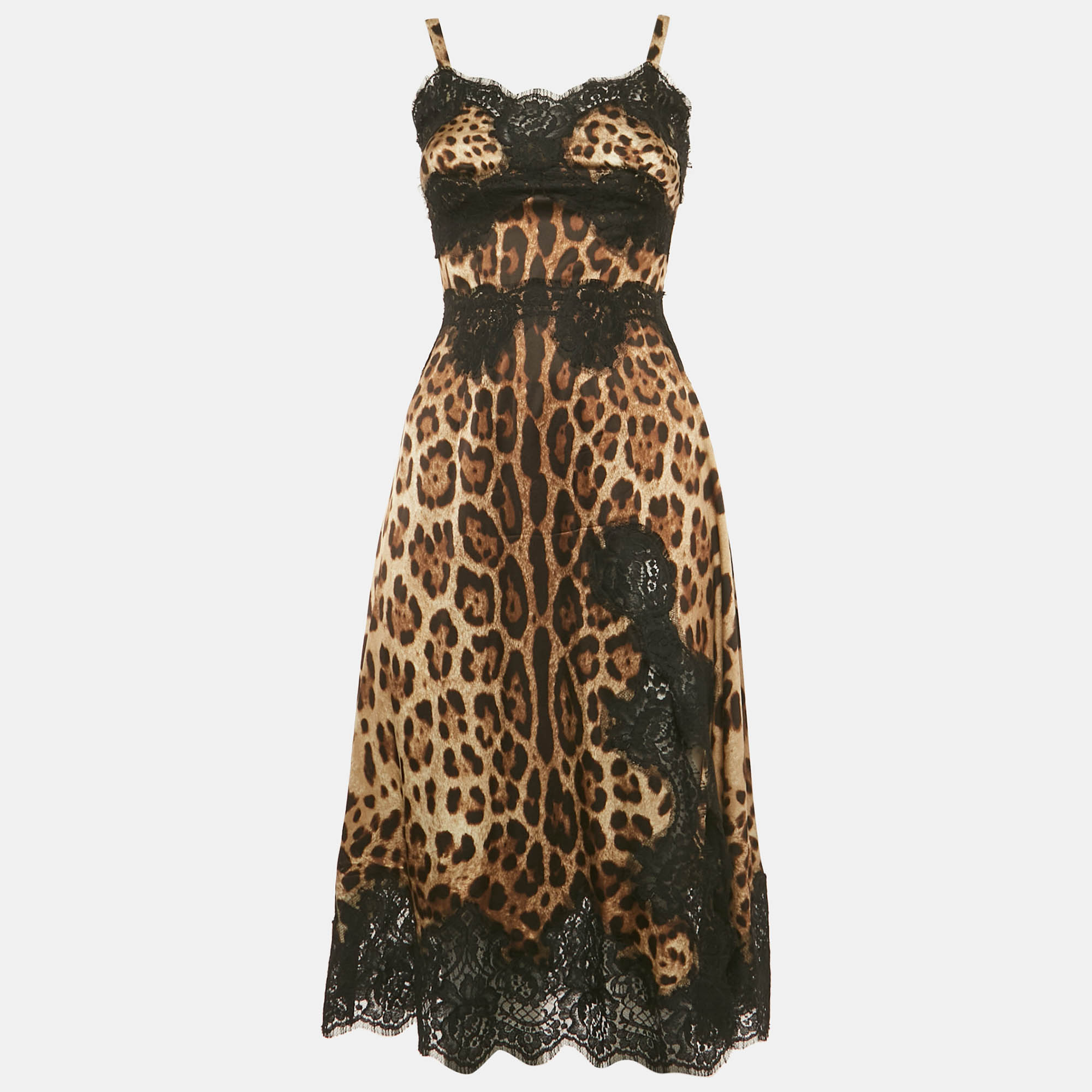 

Dolce & Gabbana Brown Leopard Print Silk Lace Detail Strappy Dress XS