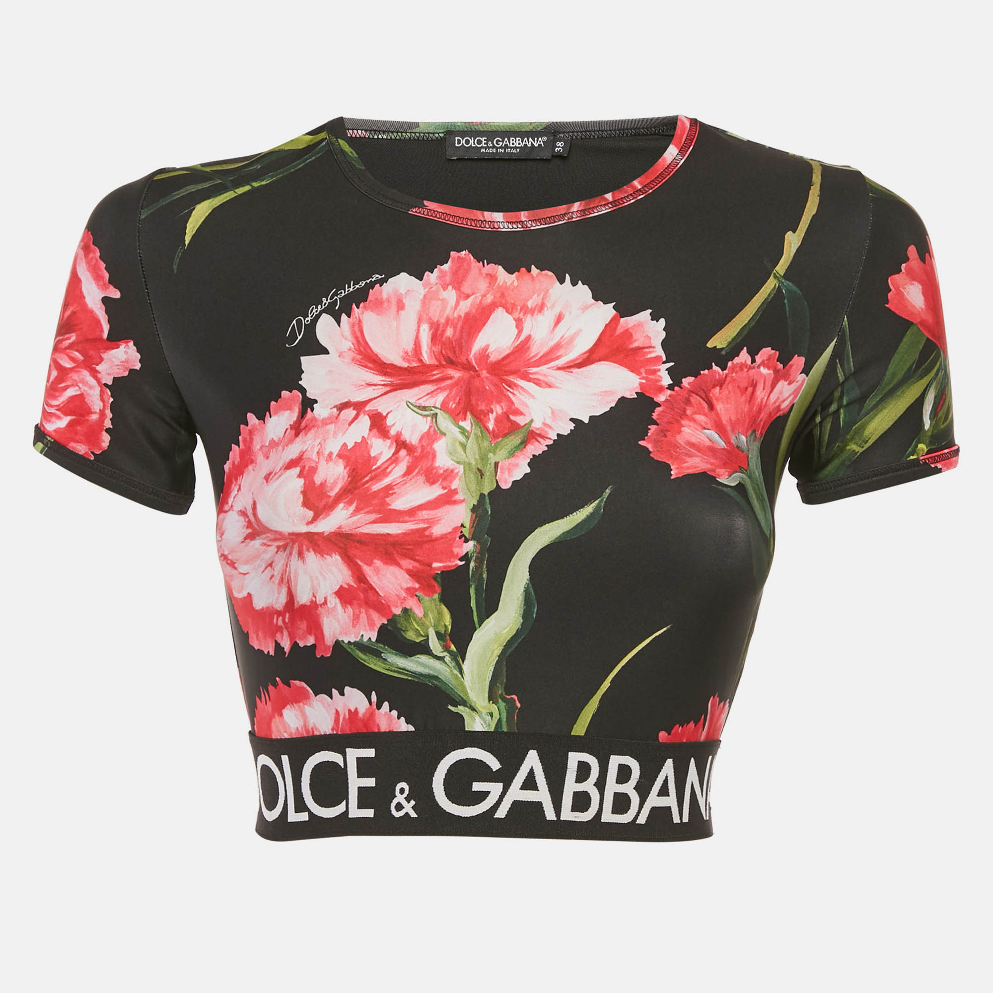 

Dolce & Gabbana Black Floral Print Jersey Fitted Crop Top S