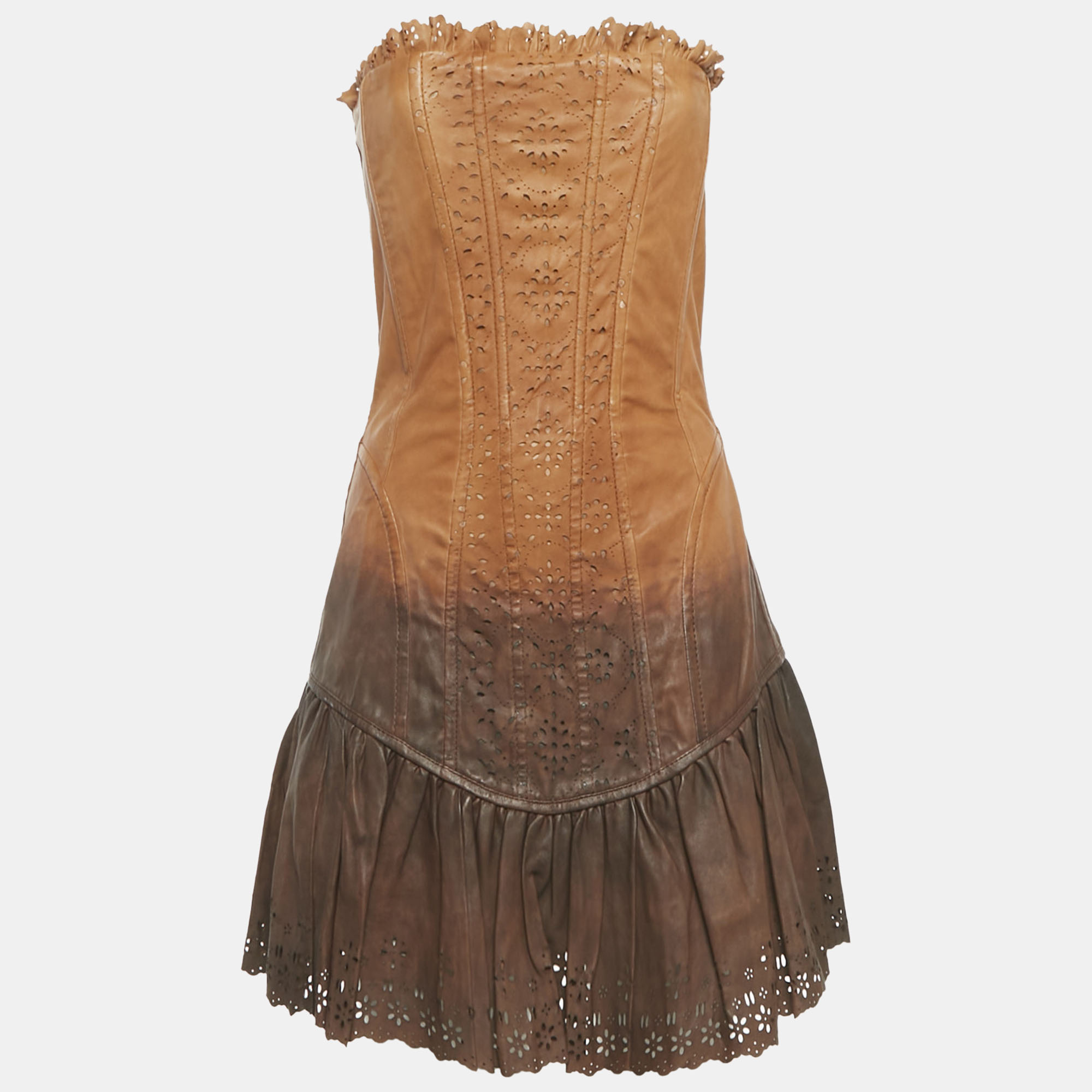 

D&G Beige Leather Eyelet Strapless Mini Dress S, Brown
