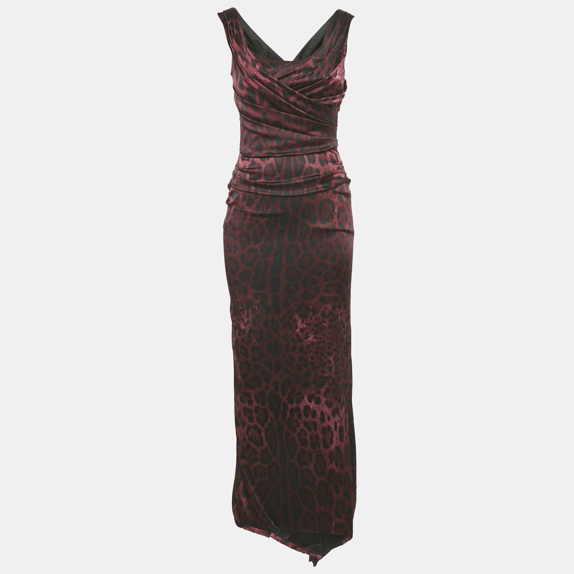 

Dolce & Gabbana Purple Leopard Print Silk Draped Maxi Dress S