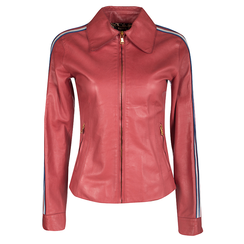 Pre Owned Dolce and Gabana Red Contrast Stripe Detail Zip Front Sheep Leather Jacket S