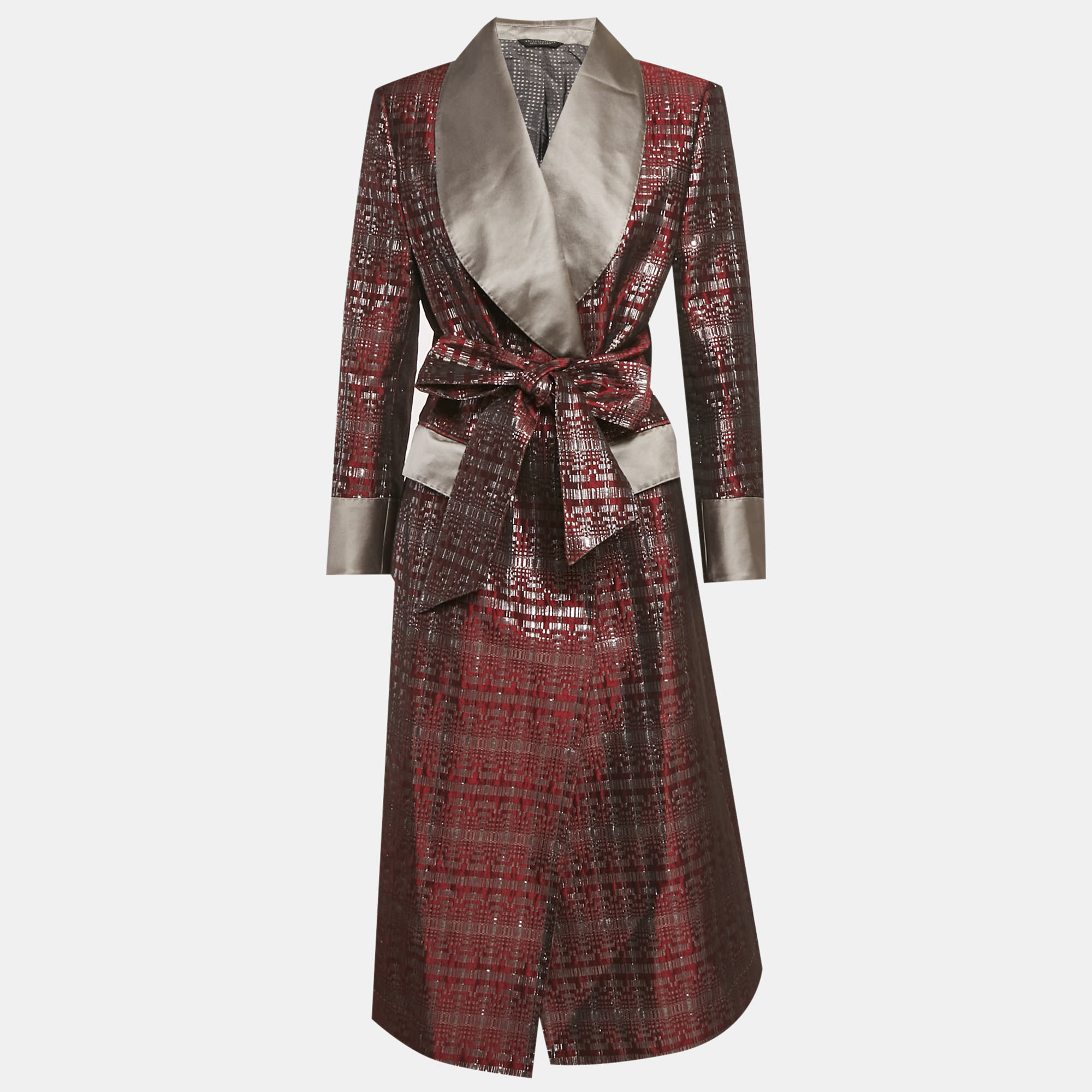 

Dolce & Gabbana Alta Sartoria Burgundy Jacquard Long Belted Coat S