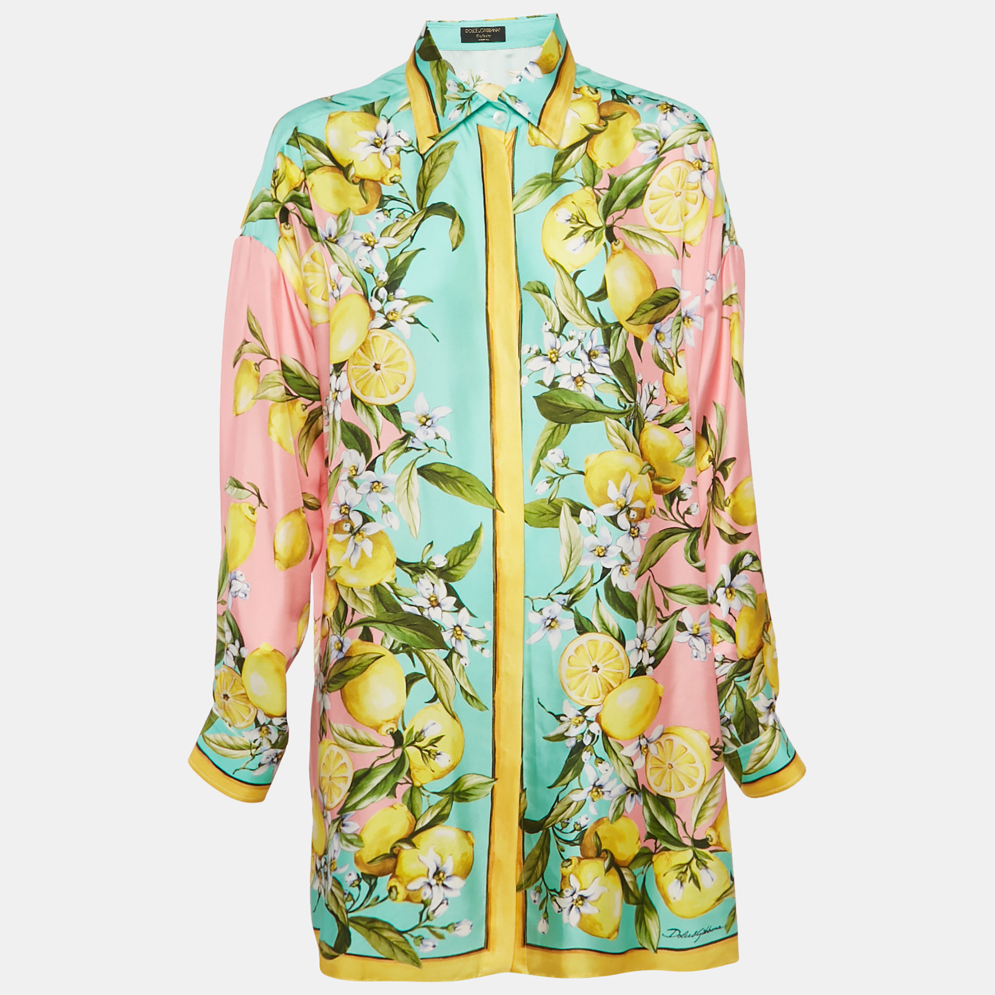 

Dolce & Gabbana Exclusive Pink Lemon Print Silk Oversized Shirt M