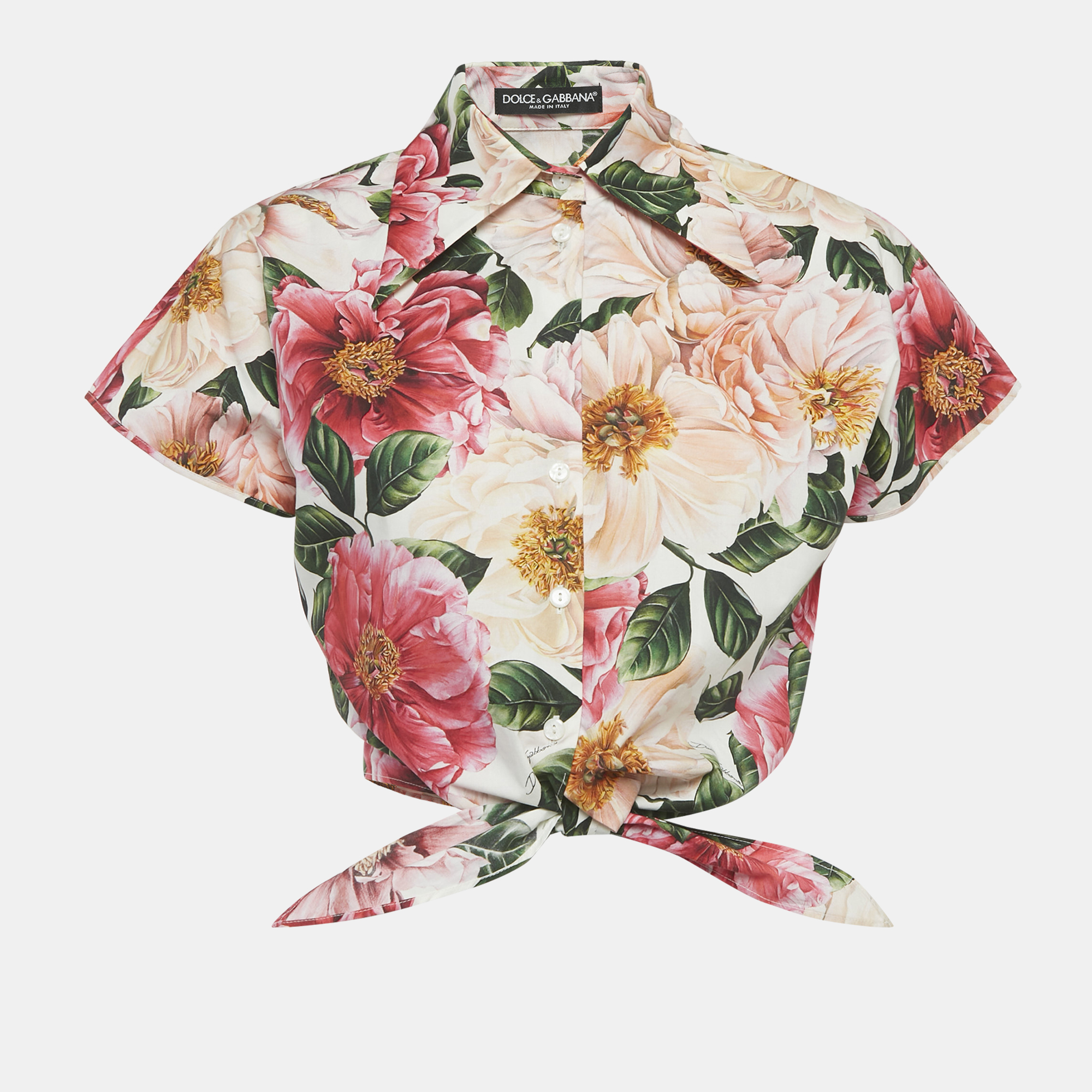 

Dolce & Gabbana Pink Floral Print Cotton Tie-Front Top S