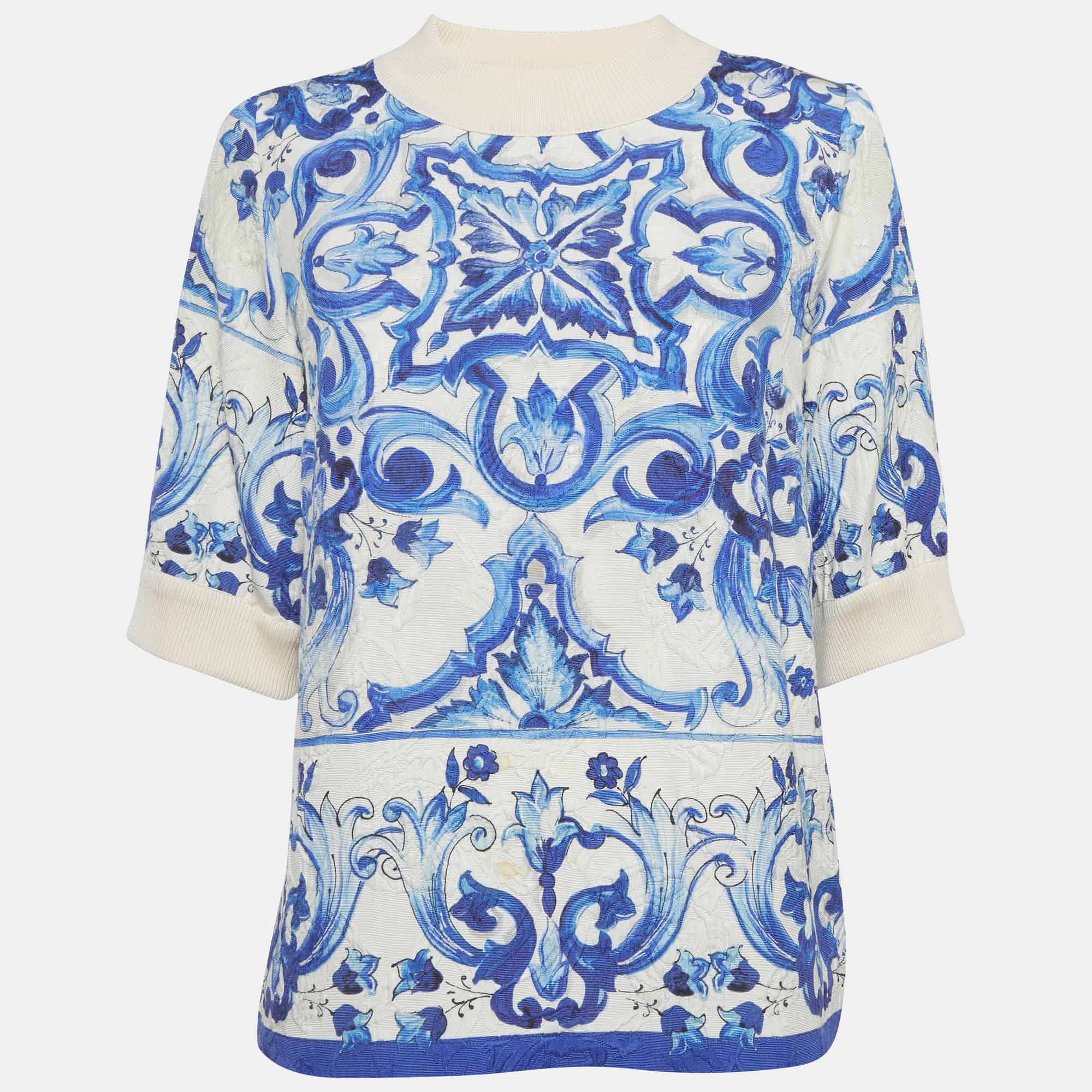 

Dolce & Gabbana White Majolica Printed Jacquard Top S, Blue