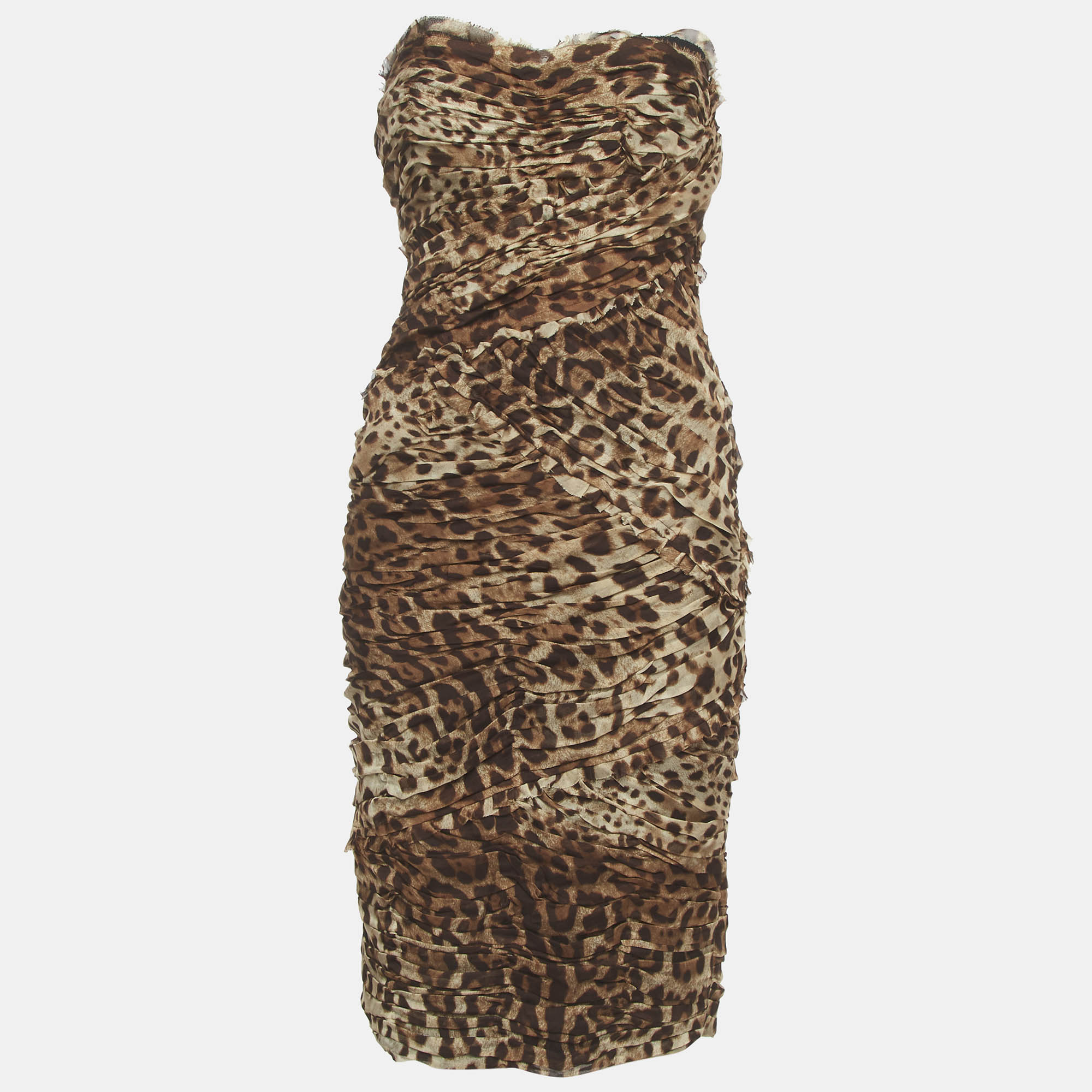 

Dolce & Gabbana Brown Leopard Print Silk Ruched Strapless Dress M