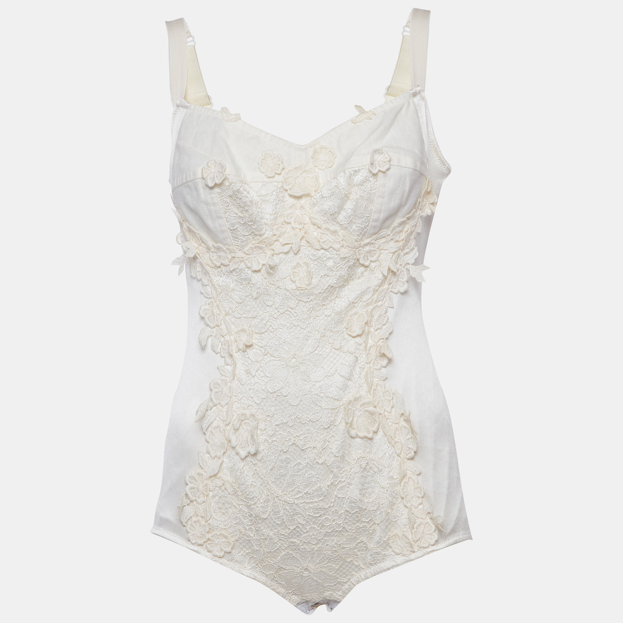 Pre-owned Dolce & Gabbana Cream Silk Blend Lace Detail Bodysuit M In White