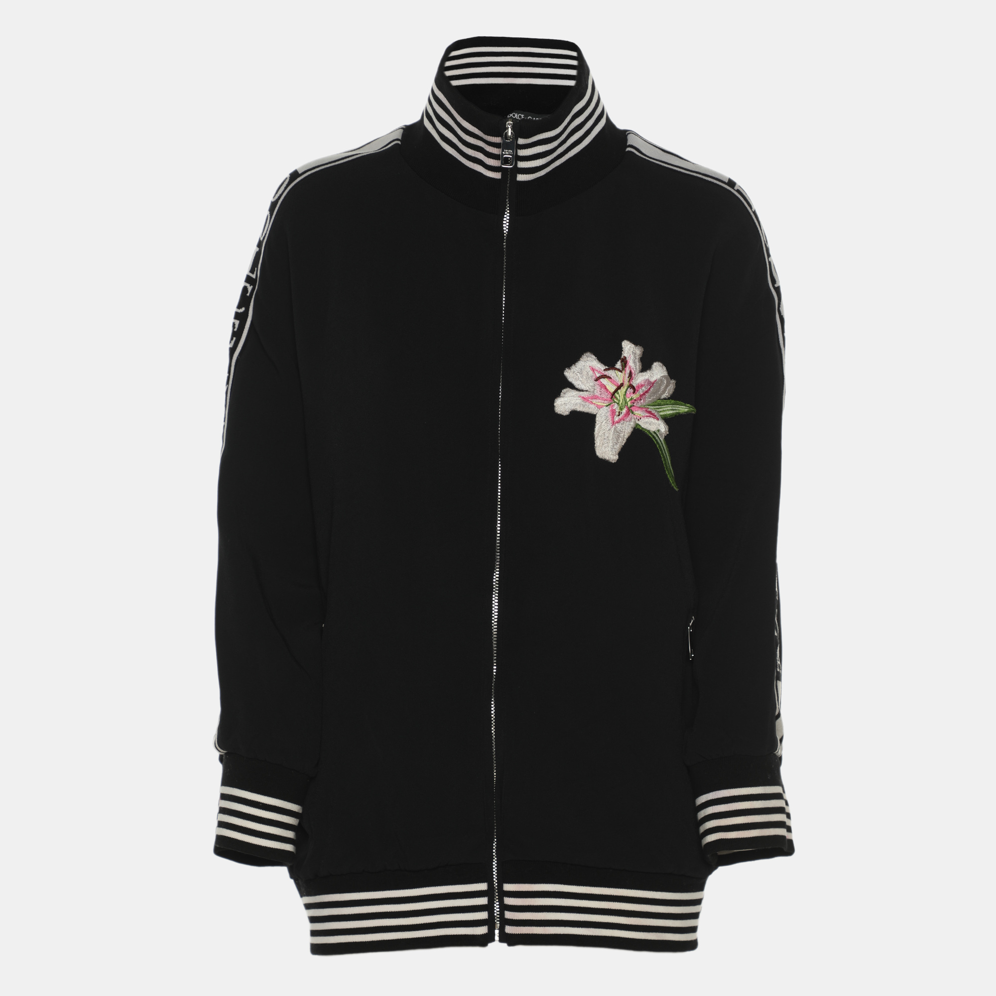 

Dolce & Gabbana Black Jersey Floral Embroidered Bomber Jacket L