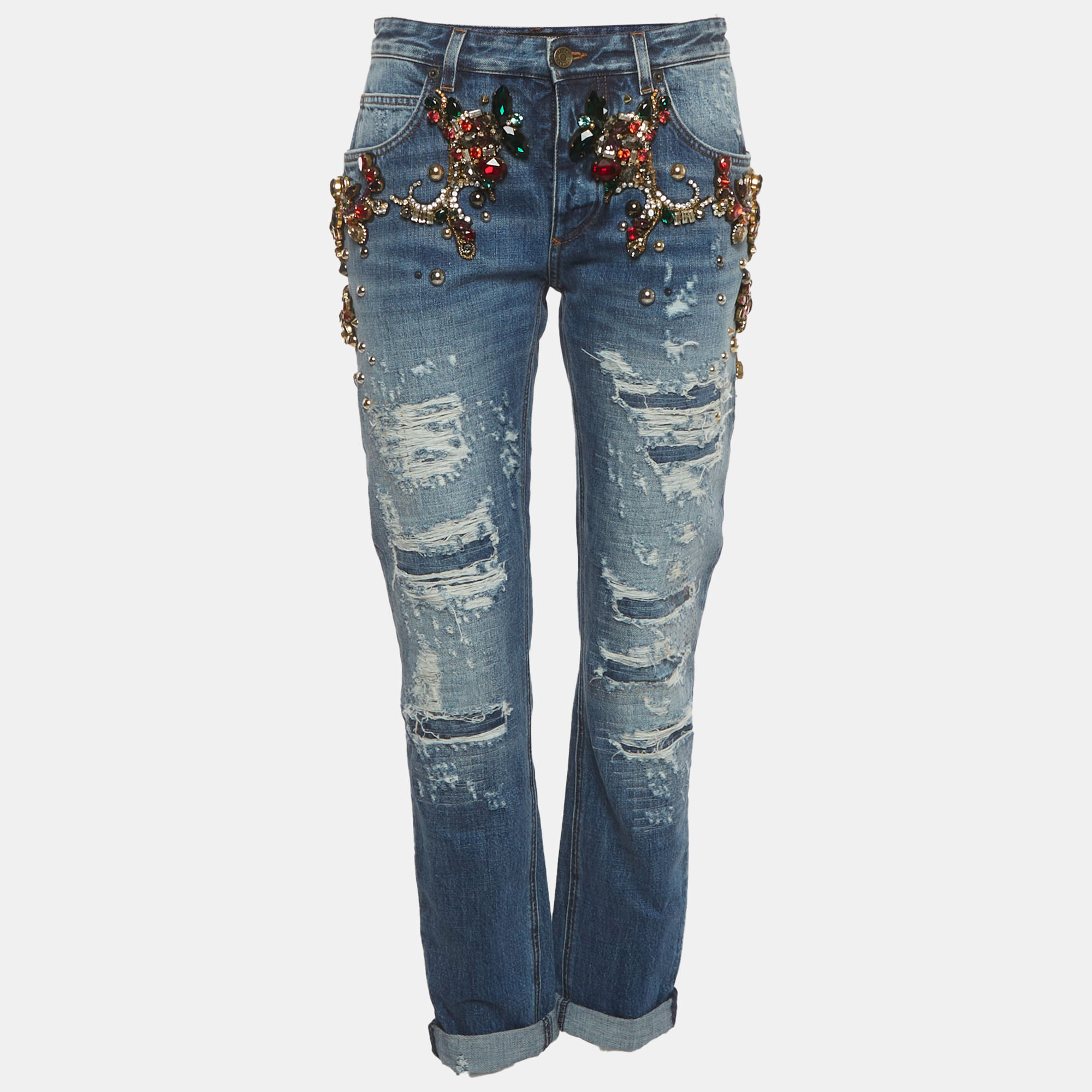 

Dolce & Gabbana Blue Distressed Denim Crystal Detail Jeans XS/Waist 28", Black