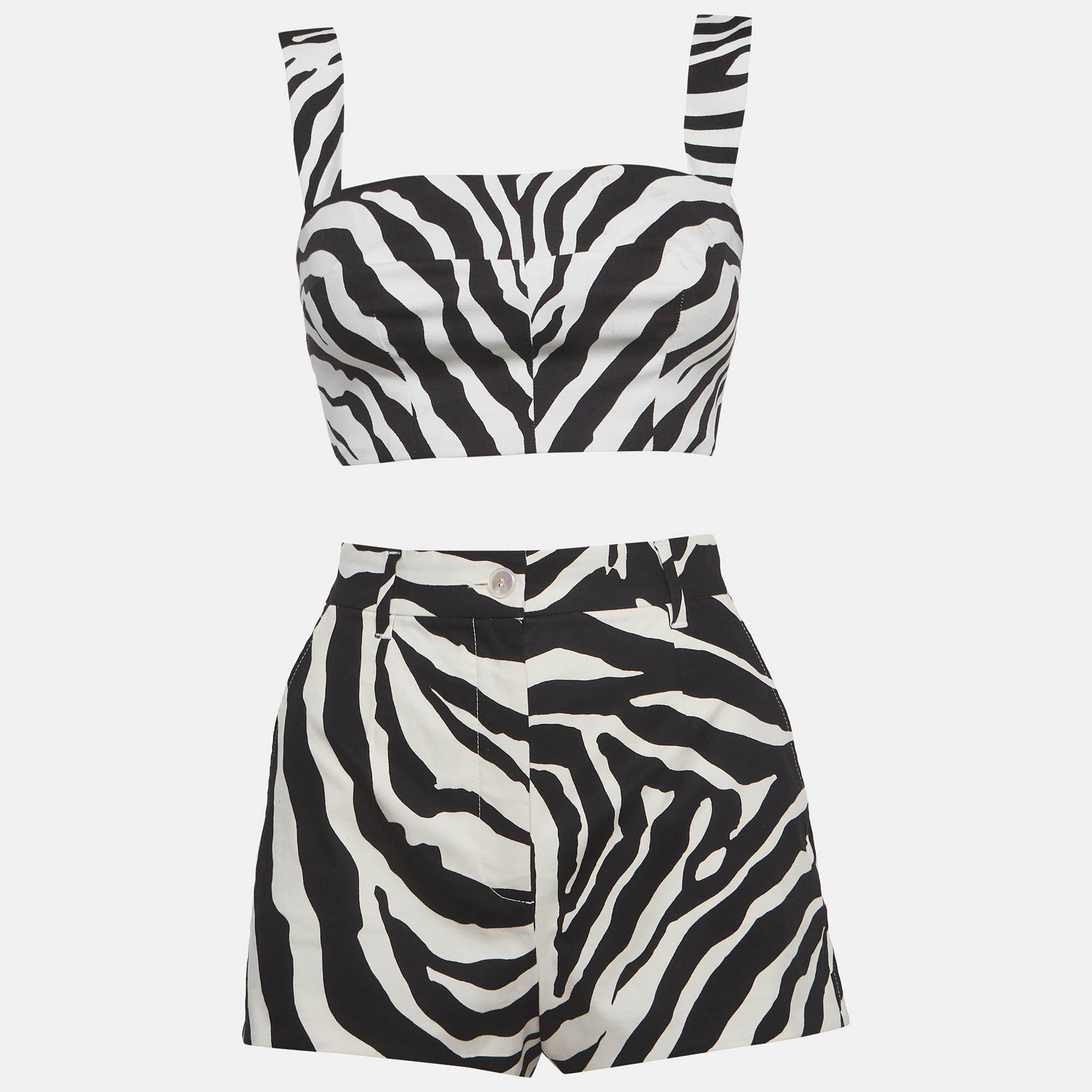 

Dolce & Gabbana Monochrome Zebra Print Twill Crop Top and Shorts S, White