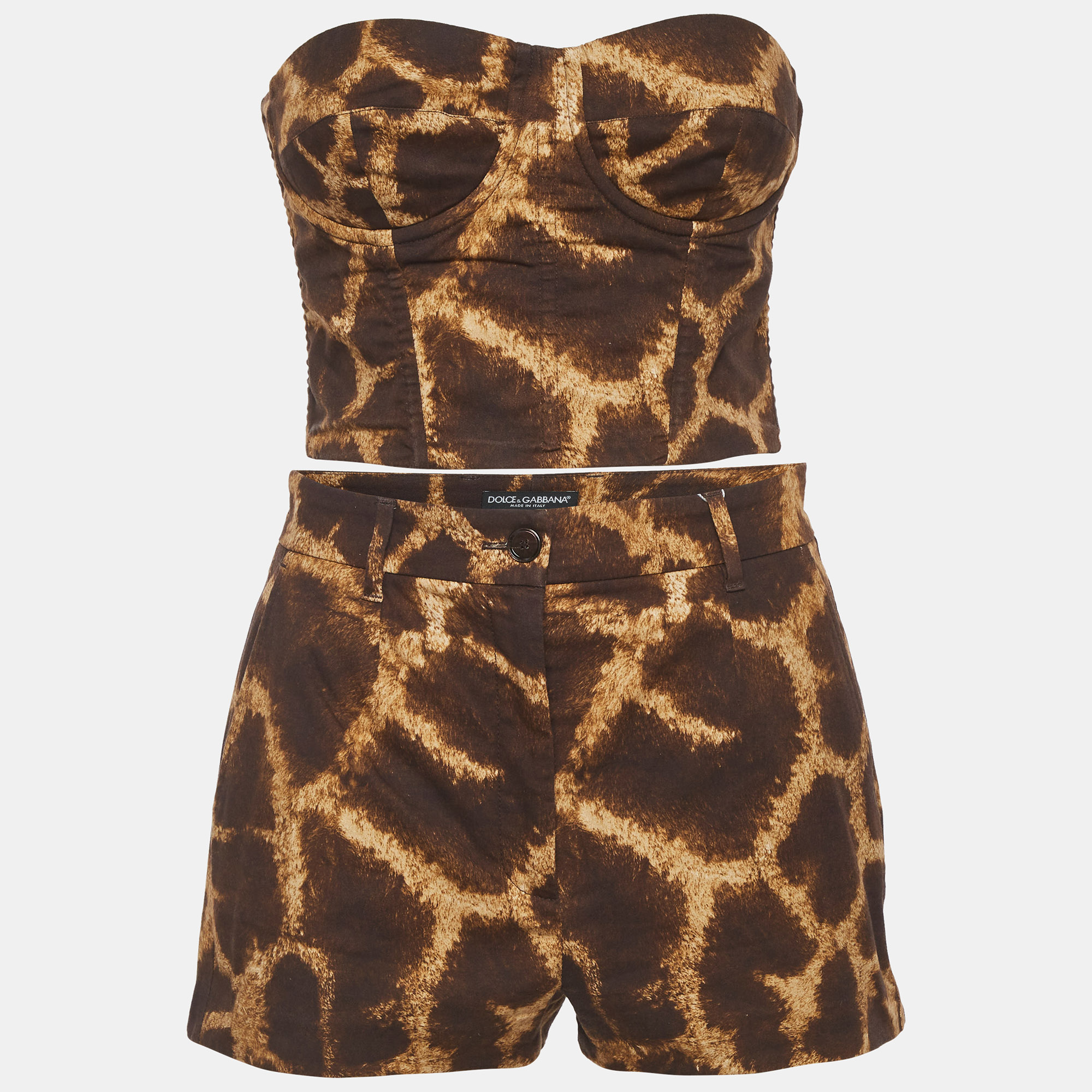 Pre-owned Dolce & Gabbana Brown Giraffe Print Twill Bustier And Shorts Suit S