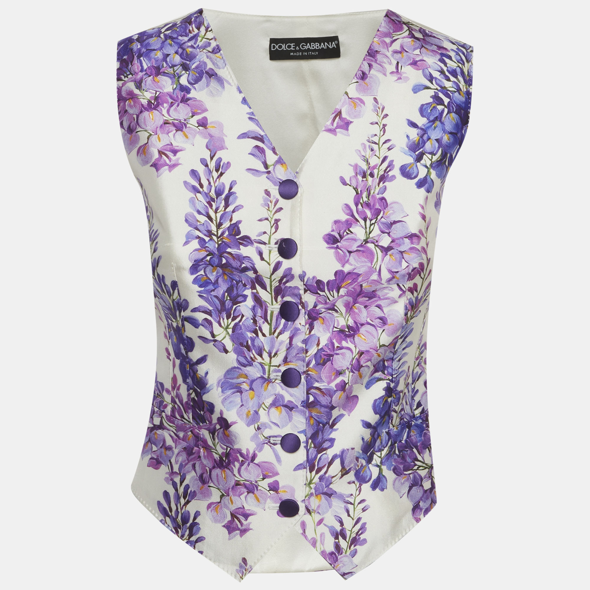 

Dolce & Gabbana White Wisteria Print Silk Blend Vest S