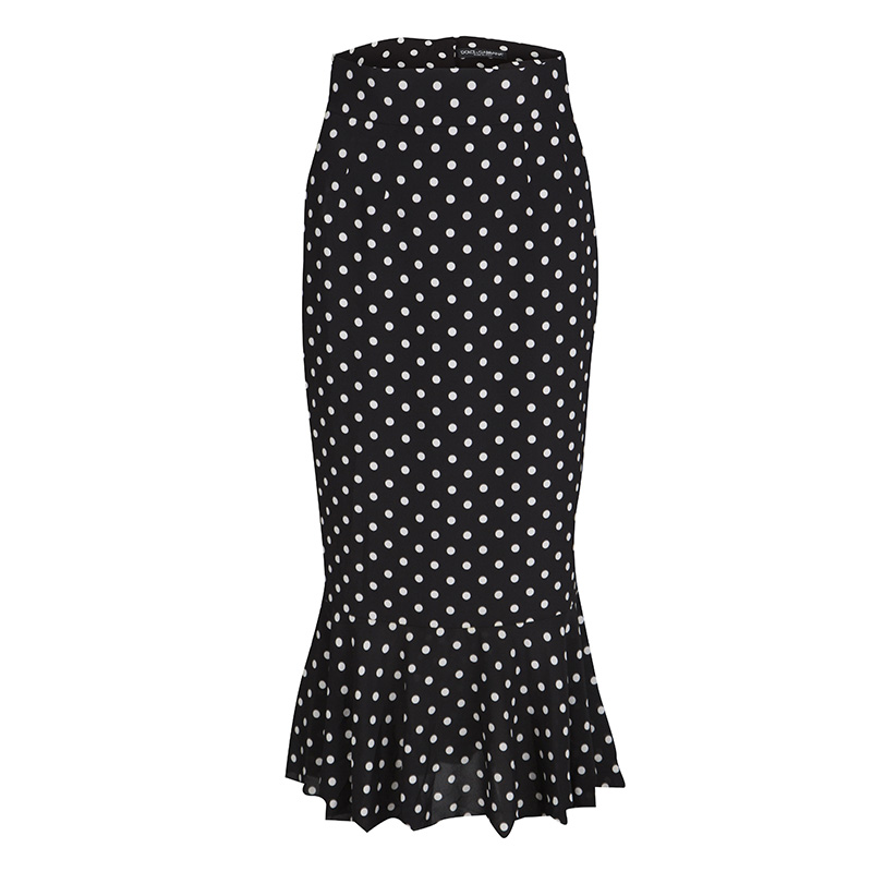 Pre Owned تنورة دولتشي أند غابانا حرير مونوكرومي منقط بحواف مكشكشة S