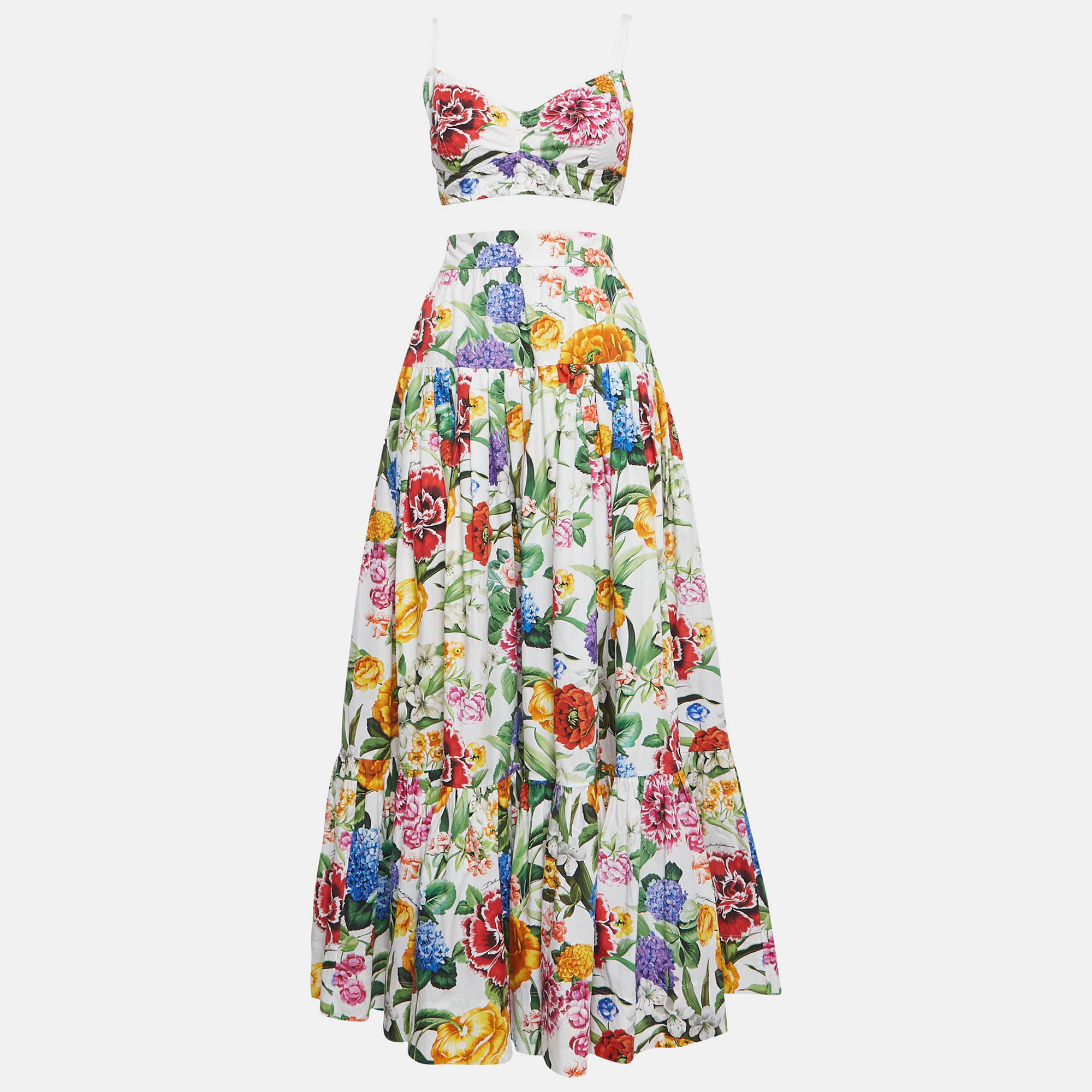 

Dolce & Gabbana White Floral Print Cotton Top and Midi Skirt Suit M