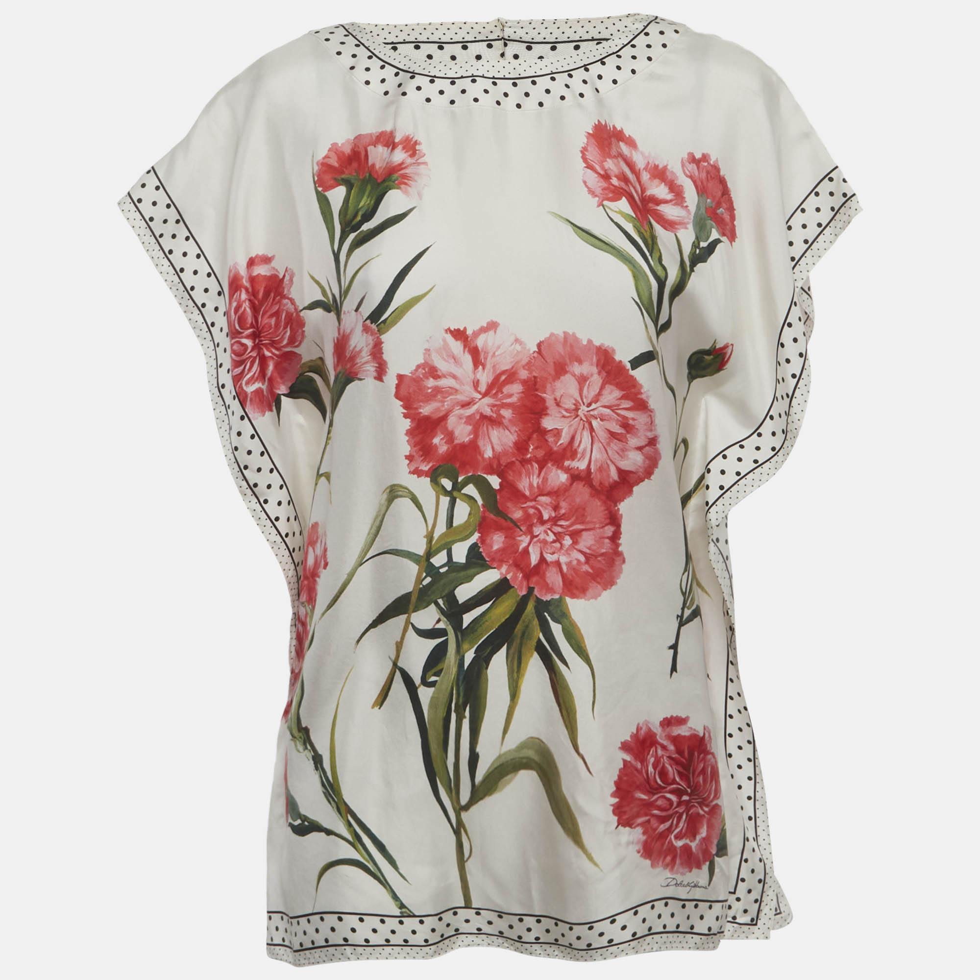

Dolce & Gabbana White Floral Print Silk Twill Bordered Blouse M