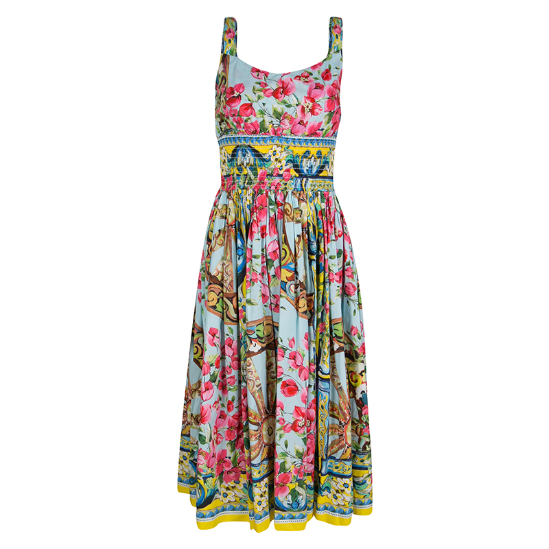 Dolce and Gabbana Floral Print Smocked Waist Sleeveless
