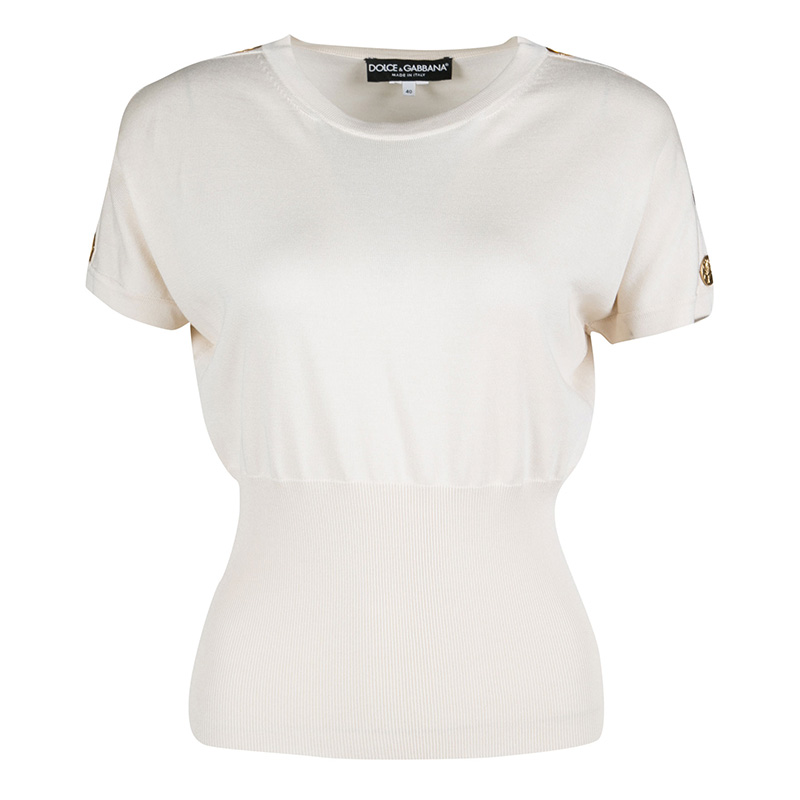 Pre Owned Dolce and Gabbana Beige Shoulder Button Detail Ribbed Hem Short Sleeve Sweater S